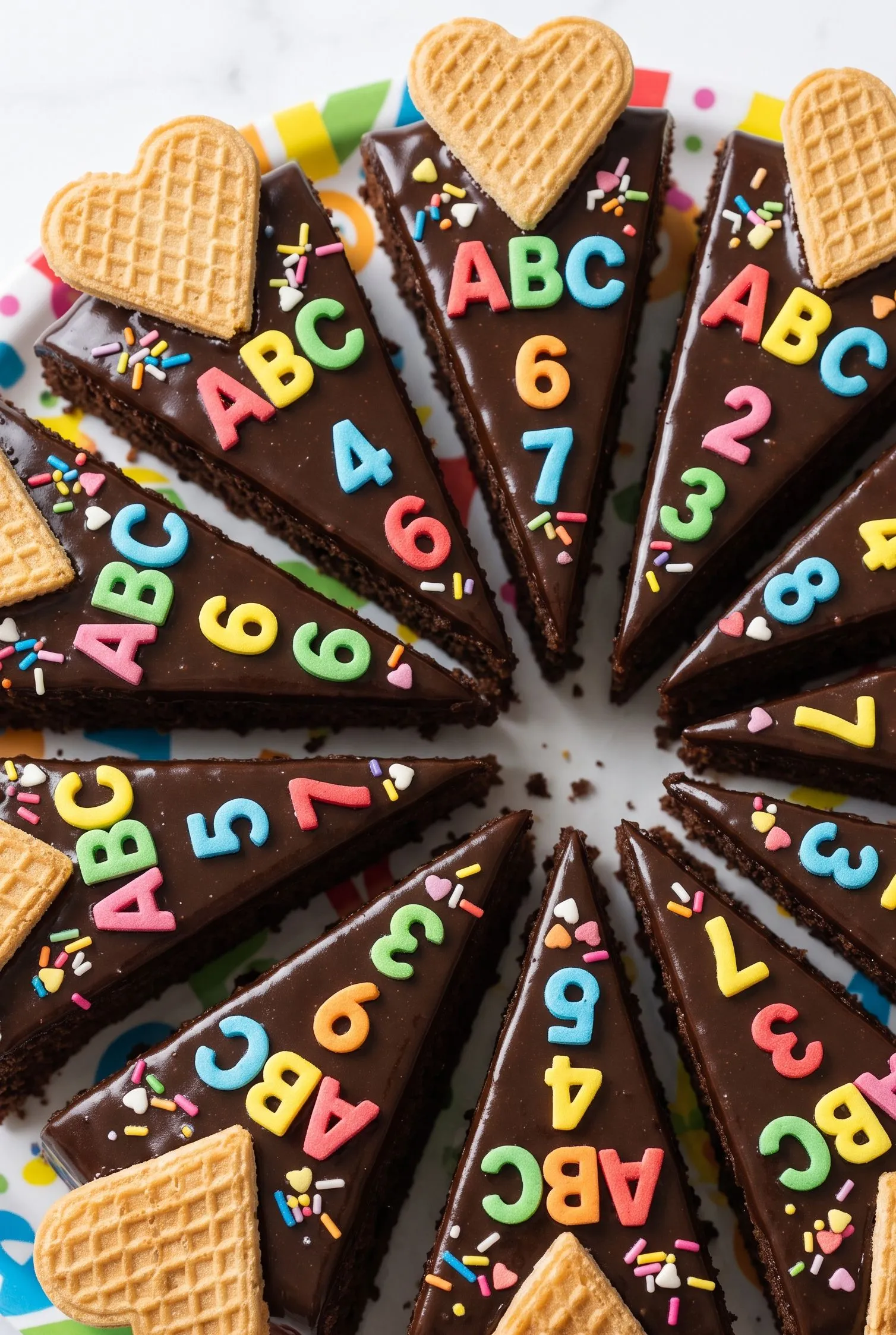 Nahaufnahme der Schultüten-Kuchenstücke — glänzende Schokoglasur, bunte ABC-Zuckerdeko und knusprige Waffelherzen.
