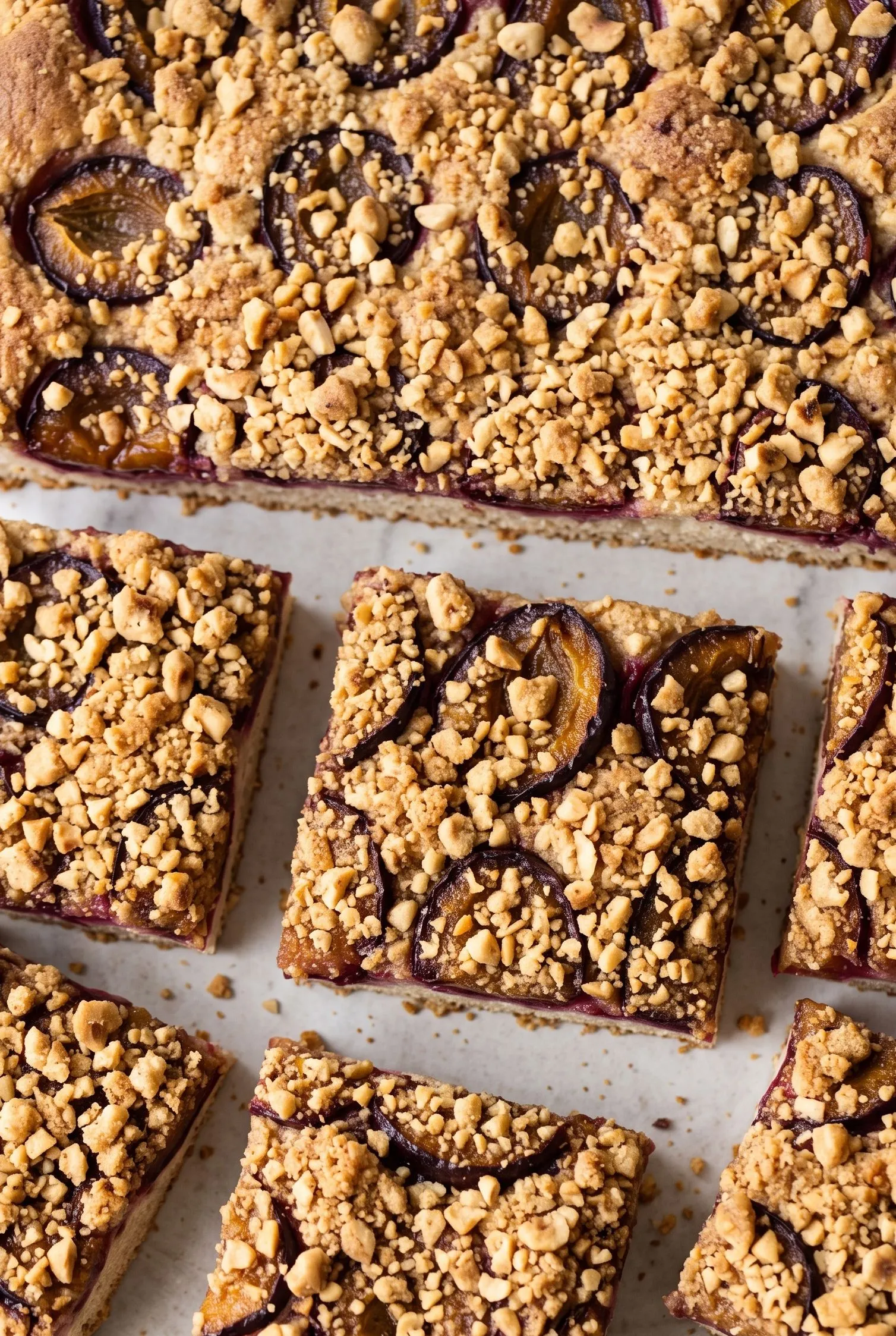 Nahaufnahme vom Zwetschgenkuchen — nussige Haselnuss-Zimt-Streusel auf saftigen, gebackenen Zwetschgen.