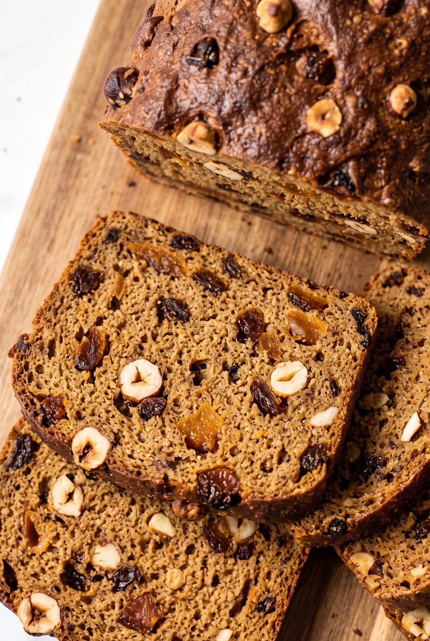 Nahaufnahme der saftigen Vollkorn-Früchtebrot-Krume mit getrockneten Feigen, Aprikosen und Haselnüssen.