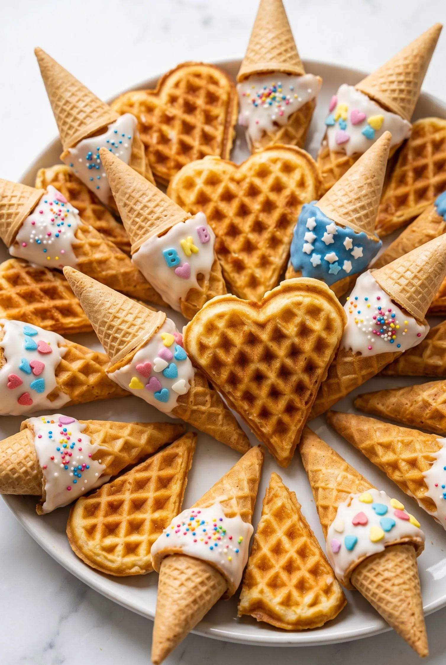 Nahaufnahme von Knusprige Waffelschultüten — knusprige Gitterstruktur mit bunten Zuckerstreuseln