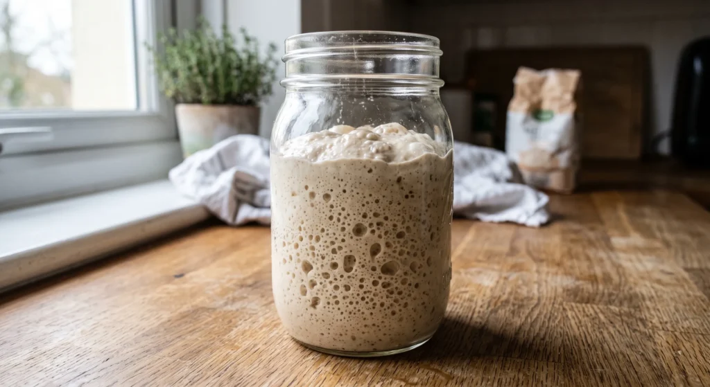 Ein perfekt gereifter, aktiver Sauerteig voller Blasen in einem hohen Glas.