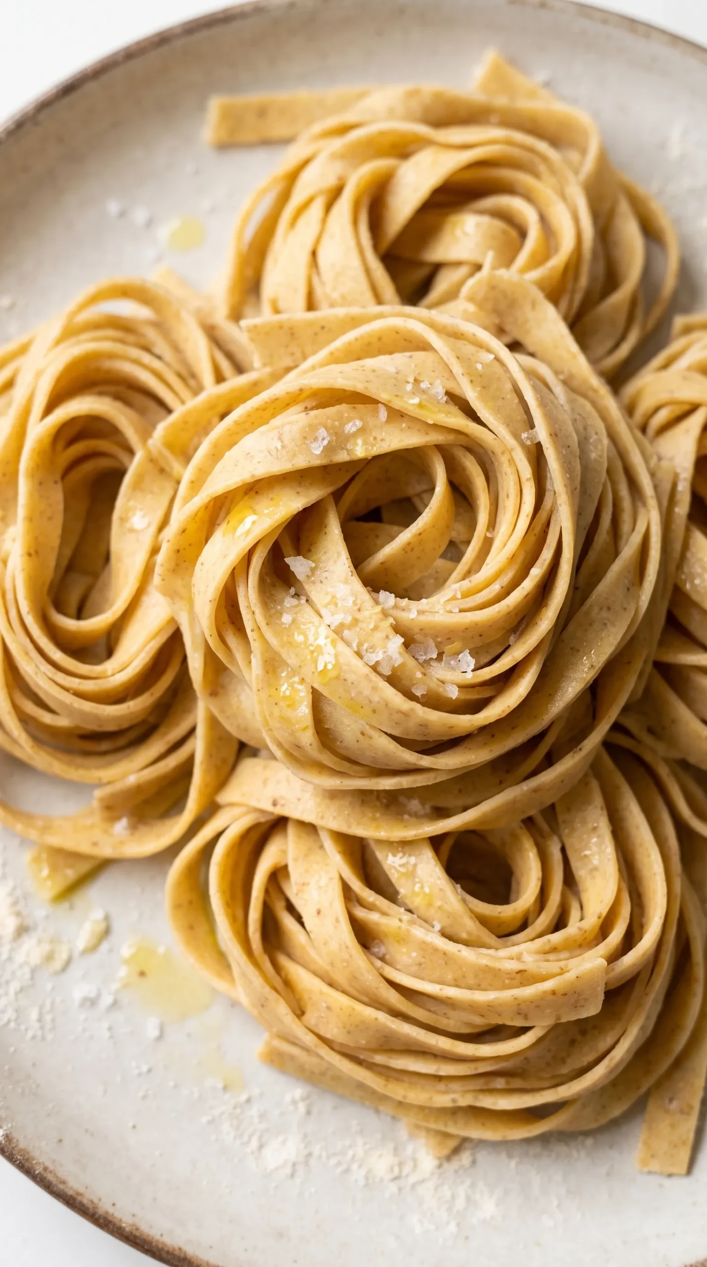 Nahaufnahme der Dinkel-Tagliatelle — raue Teigstruktur mit Vollkornpünktchen und seidigem Schimmer.