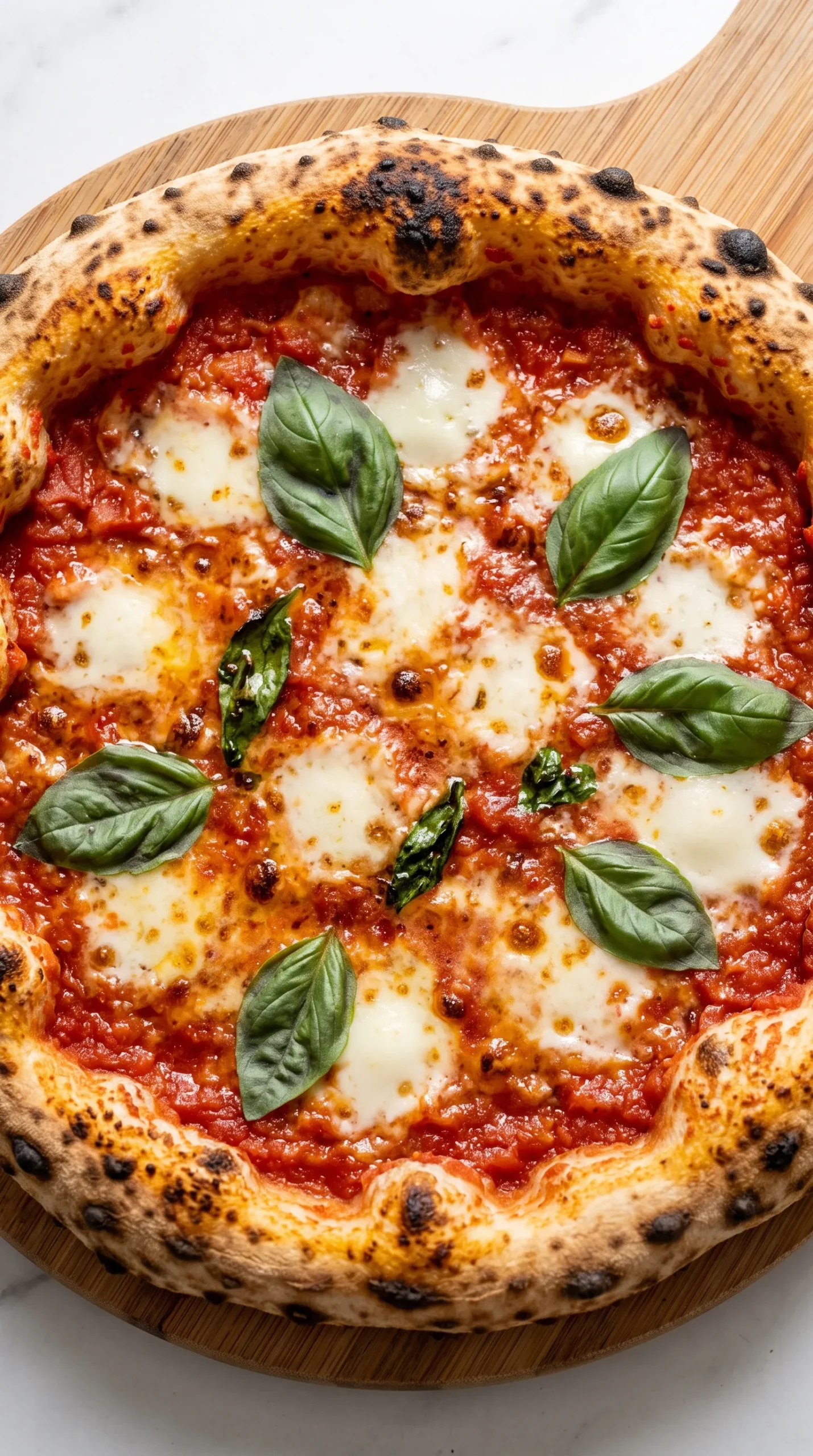 Nahaufnahme vom Sauerteig-Pizzarand — luftige Blasen mit Röstaromen, geschmolzener Mozzarella und frisches Basilikum.