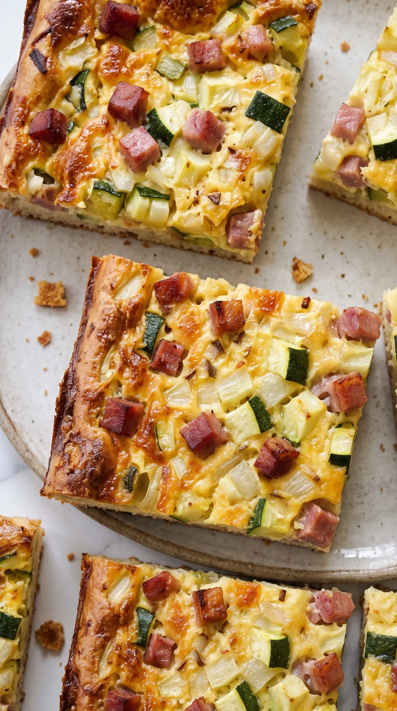 Nahaufnahme vom Zucchini-Zwiebelkuchen — krosse Schinkenwürfel, feiner Guss aus Schmand und Zucchinistücke.