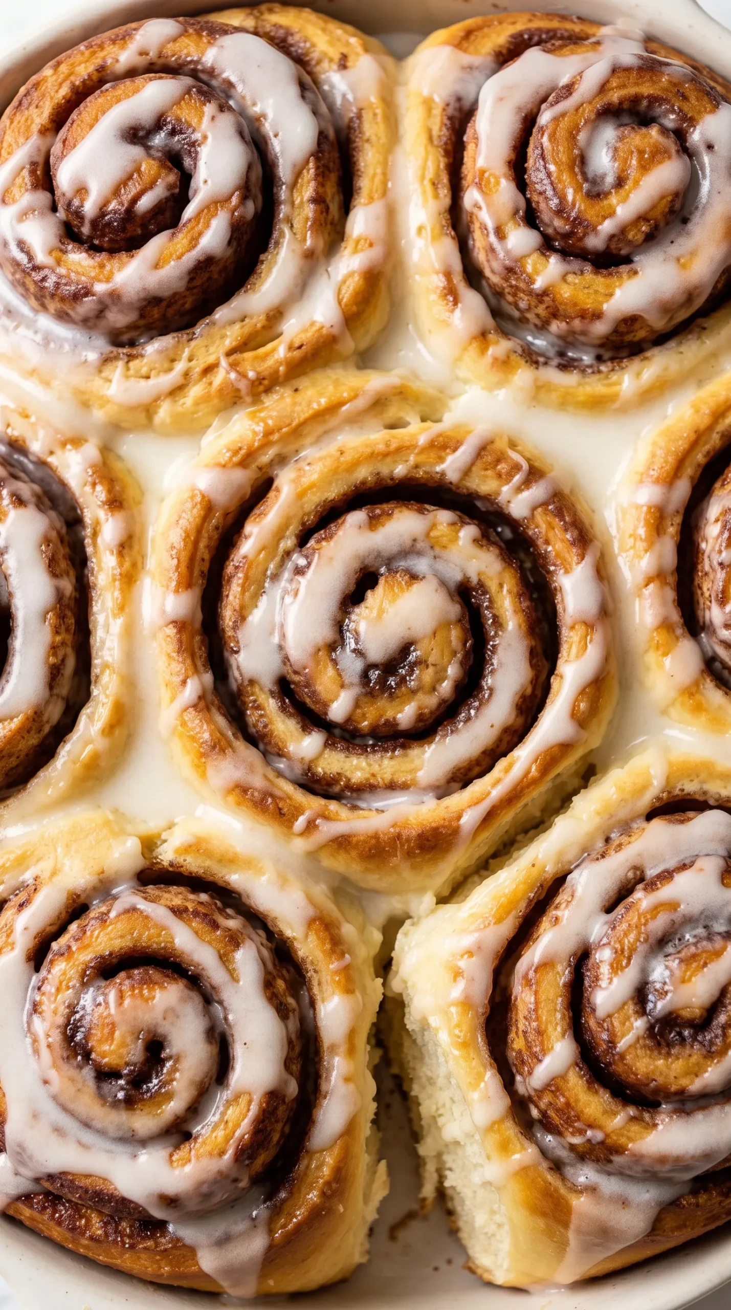 Nahaufnahme der Zimtschnecken-Spirale — glänzender Zitronenguss auf weichen Teigschichten mit reichlich Zimt-Zucker.