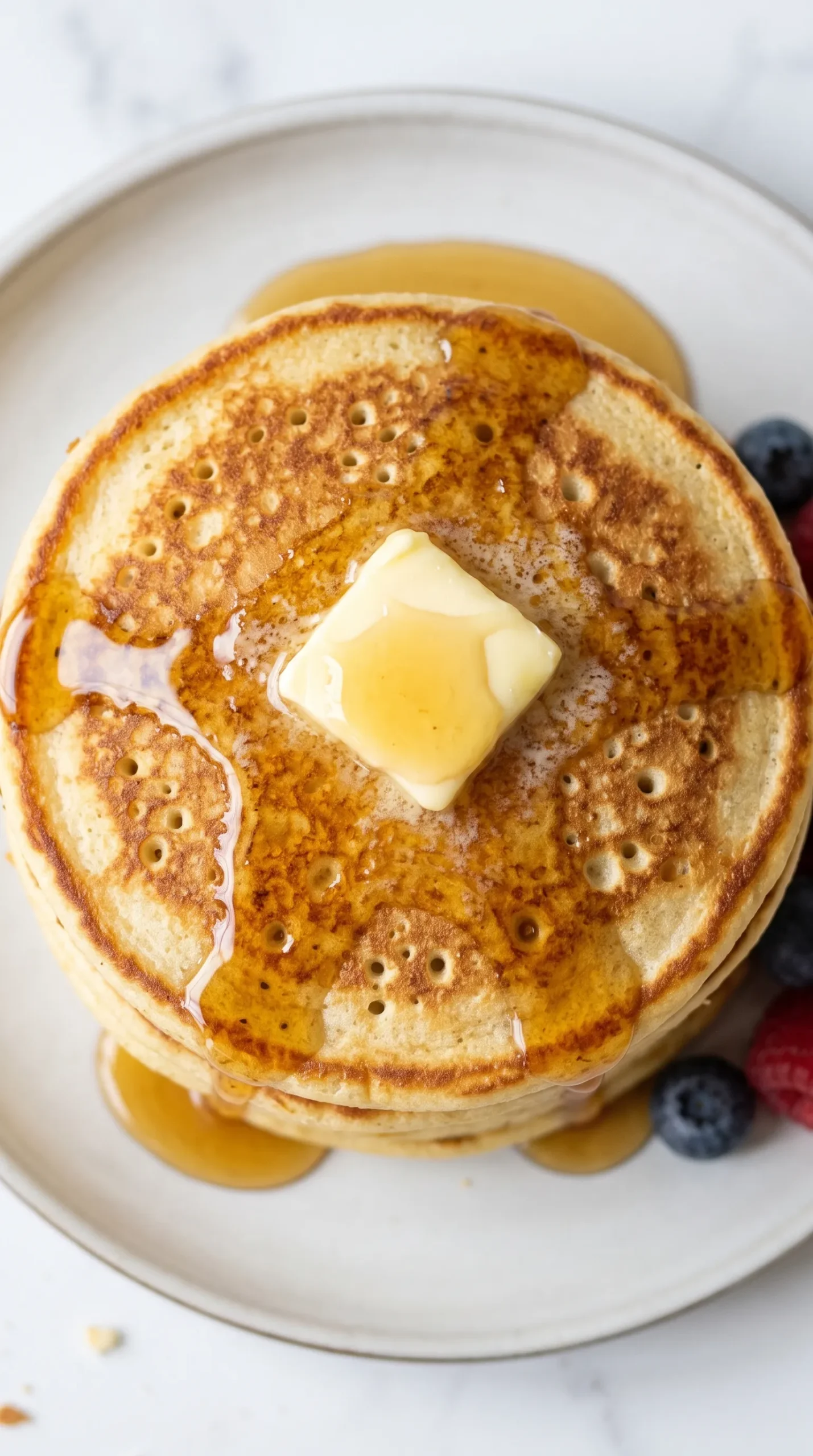 Nahaufnahme der fluffigen Sauerteig Pancakes mit herabfließendem Ahornsirup und schmelzender Butter.