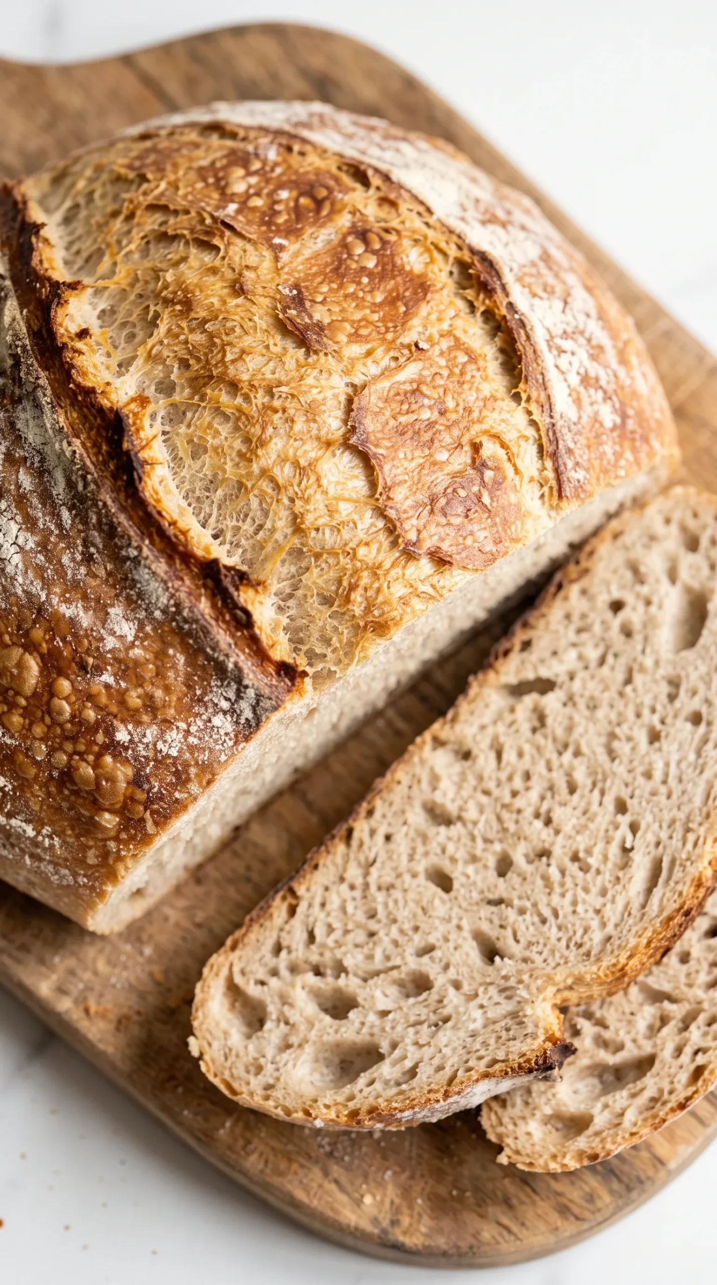 Nahaufnahme der feinporigen, saftigen Dinkelkrumen-Struktur und der mehlbestäubten Kruste.