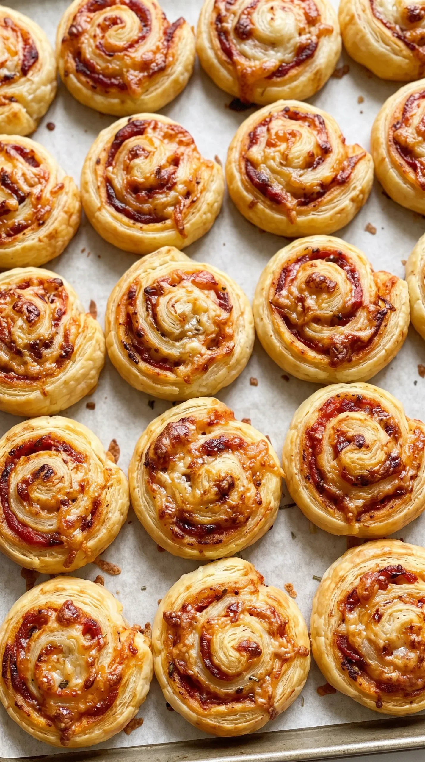 Nahaufnahme der herzhaften Blätterteigschnecke — knusprige Teigschichten mit geschmolzenem Käse und Tomatenfüllung.