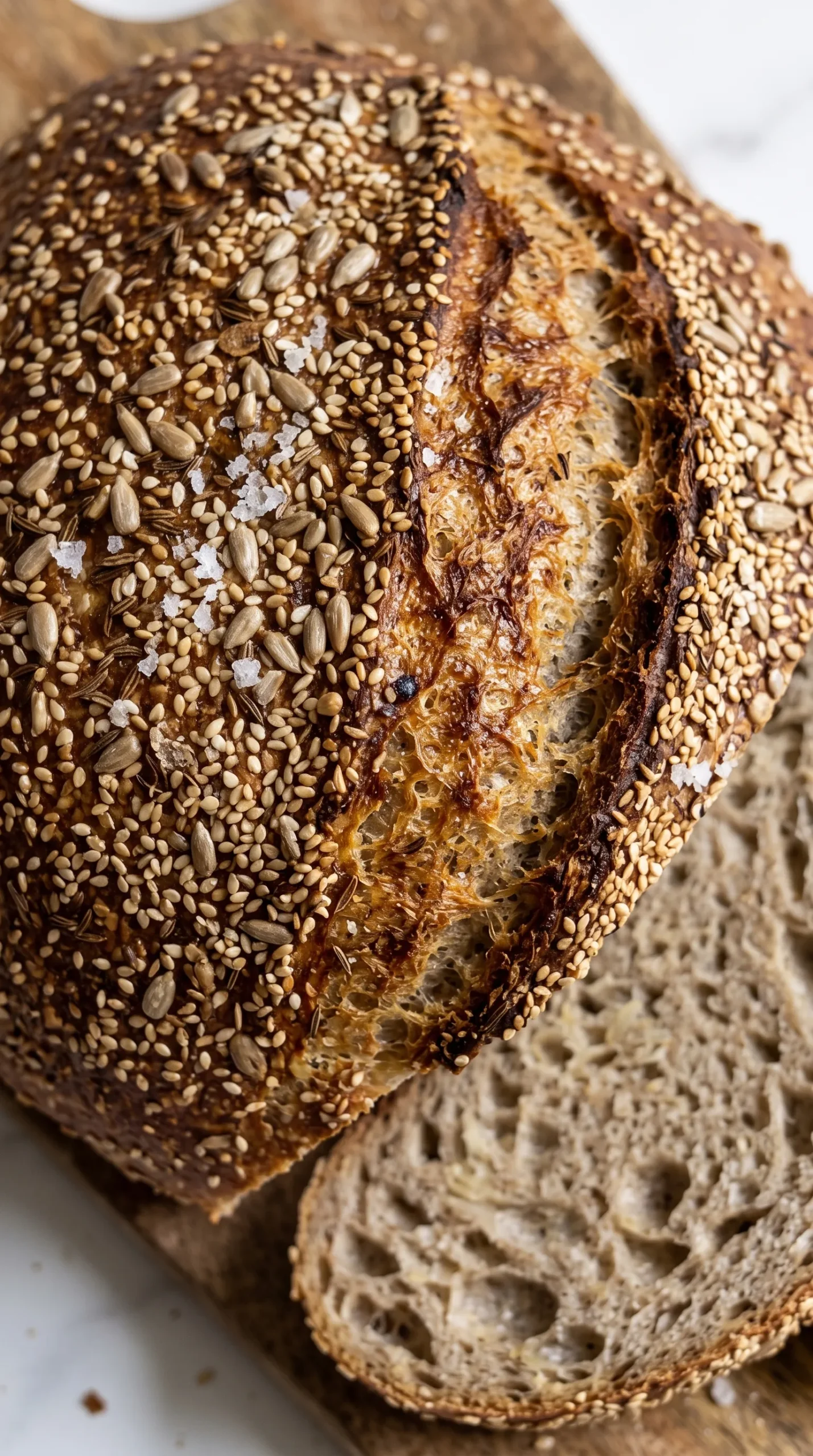 Nahaufnahme der gerösteten Saatenkruste mit Senf, Kümmel und Meersalz auf saftigem Sauerkrautbrot.