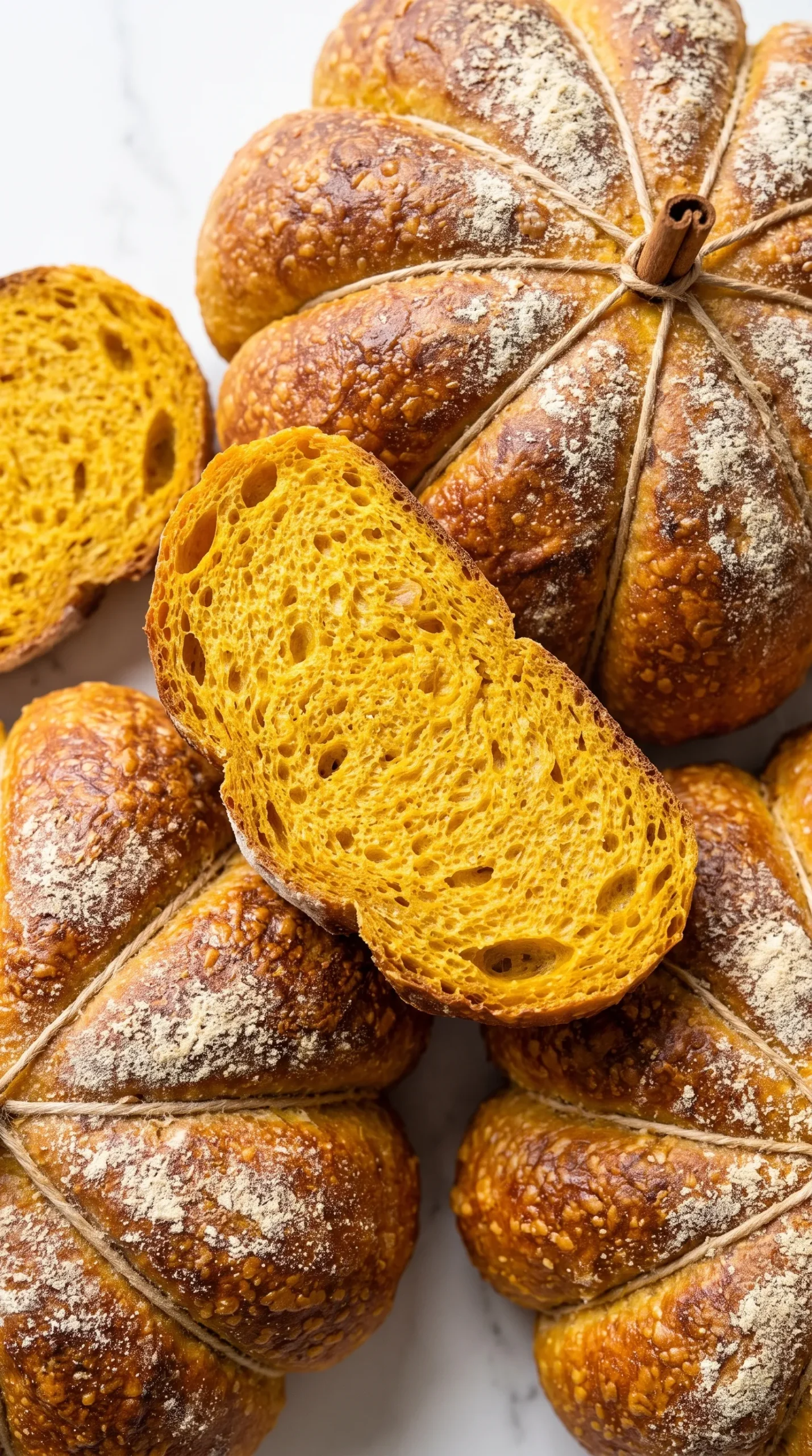Nahaufnahme der mehlbestäubten Kürbisrippen und der strahlend orangen Krume des Sauerteig-Kürbisbrots.