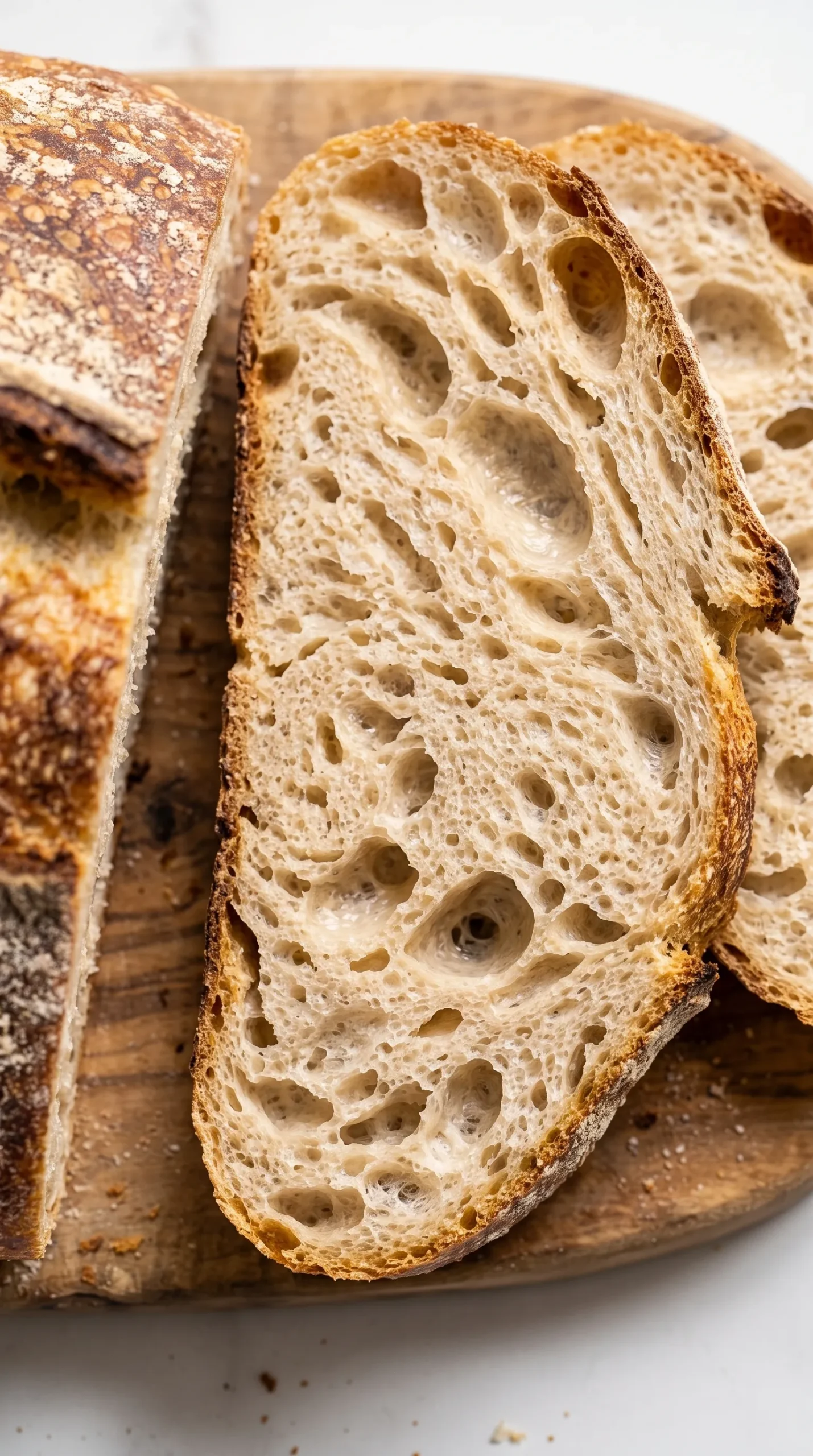 Nahaufnahme der saftigen Kartoffelbrot-Krume mit feinem Glanz und der mehlbestäubten Blasenkruste.
