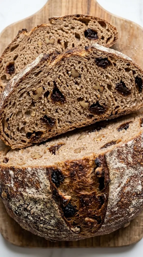 Nahaufnahme der saftigen Brotkrume mit dunklen Backpflaumen, gerösteten Walnüssen und mehlbestäubter Kruste.