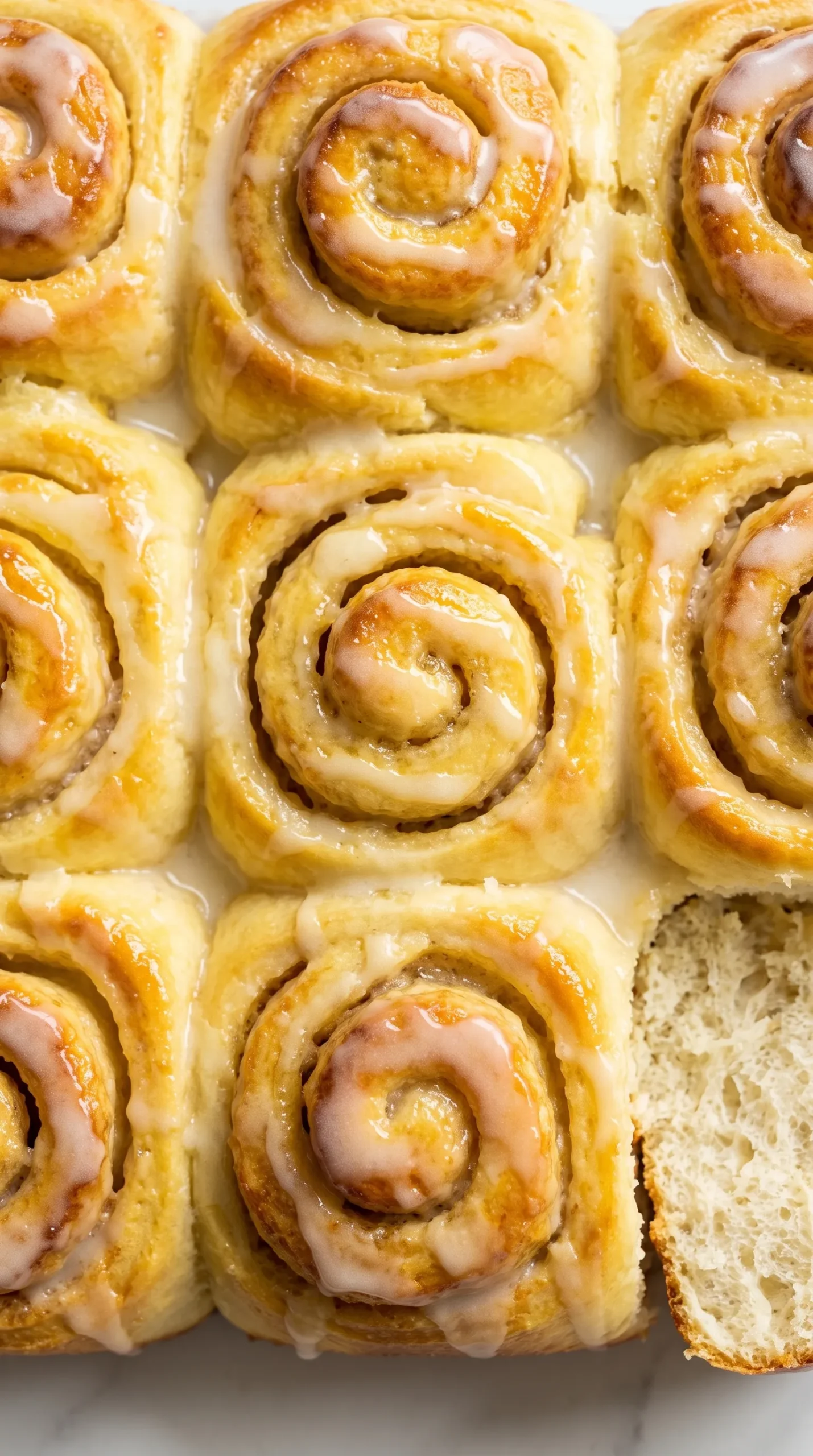 Nahaufnahme der Hefeschnecken-Spirale — glänzende Holunderblüten-Zitronen-Glasur auf weichen Teigschichten.