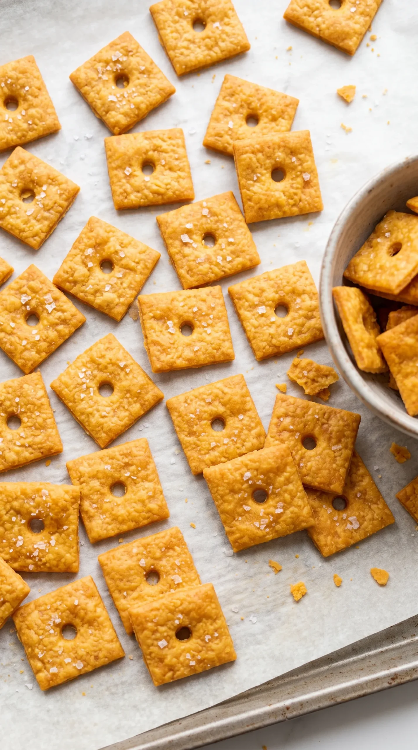 Nahaufnahme der quadratischen Sauerteig-Käsecracker mit mittigem Loch und glitzernden Meersalzflocken.