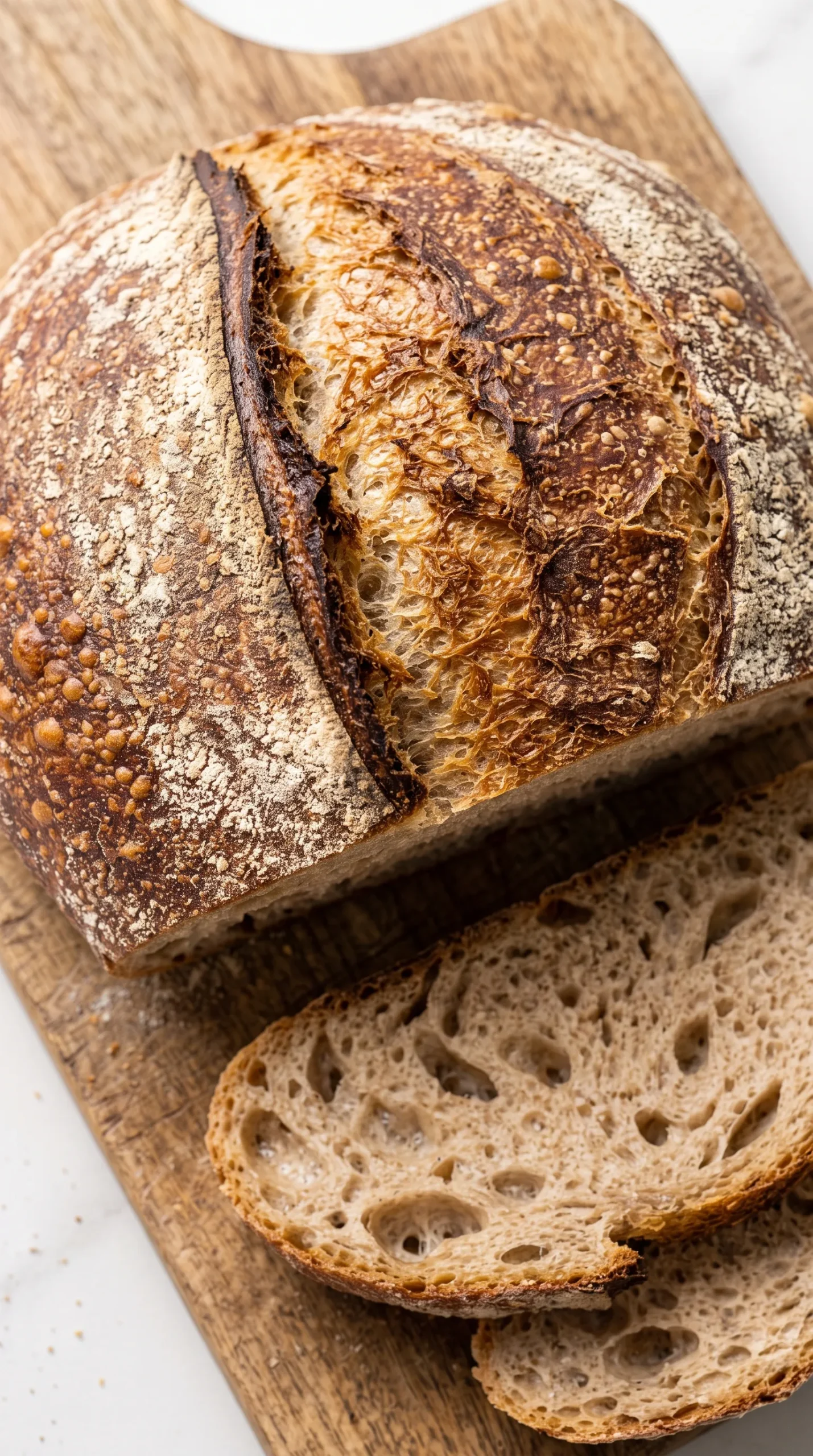 Nahaufnahme der saftigen, offenporigen Bauernbrot-Krume und der mehlbestäubten, blasigen Kruste.