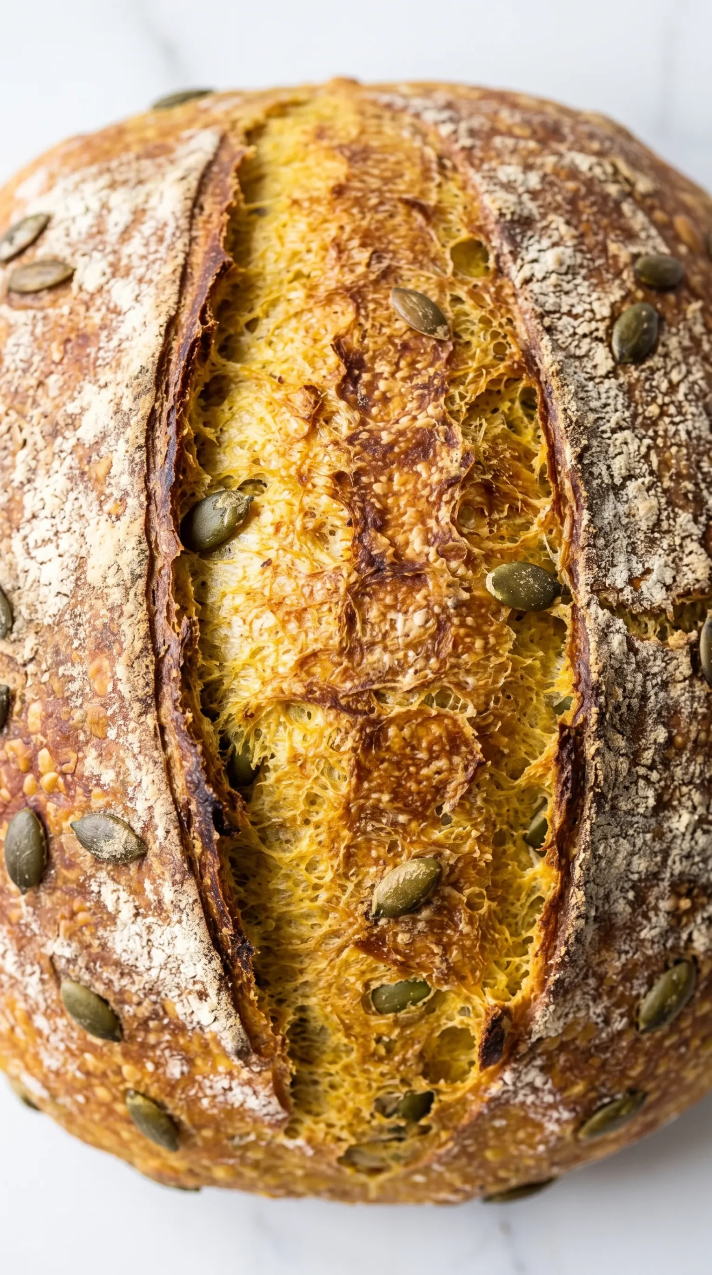 Nahaufnahme der saftigen, leuchtend gelb-orangen Dinkelkrume mit knackigen grünen Kürbiskernen und feiner Porung.