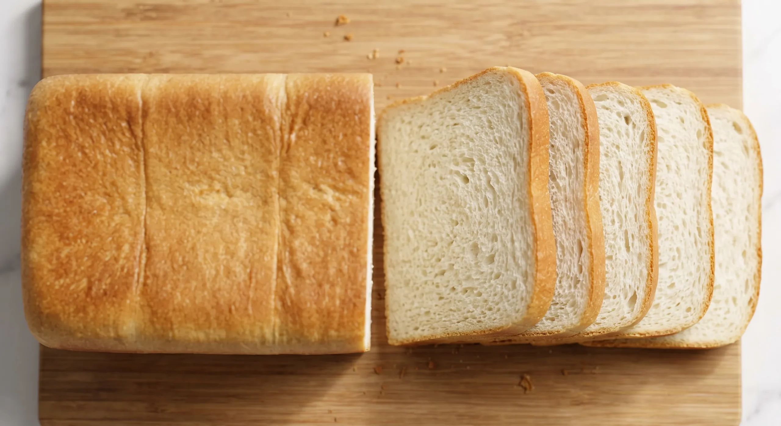 Nahaufnahme der samtig-weichen, feinporigen Toastbrot-Krume mit zarter, goldbrauner Rinde.