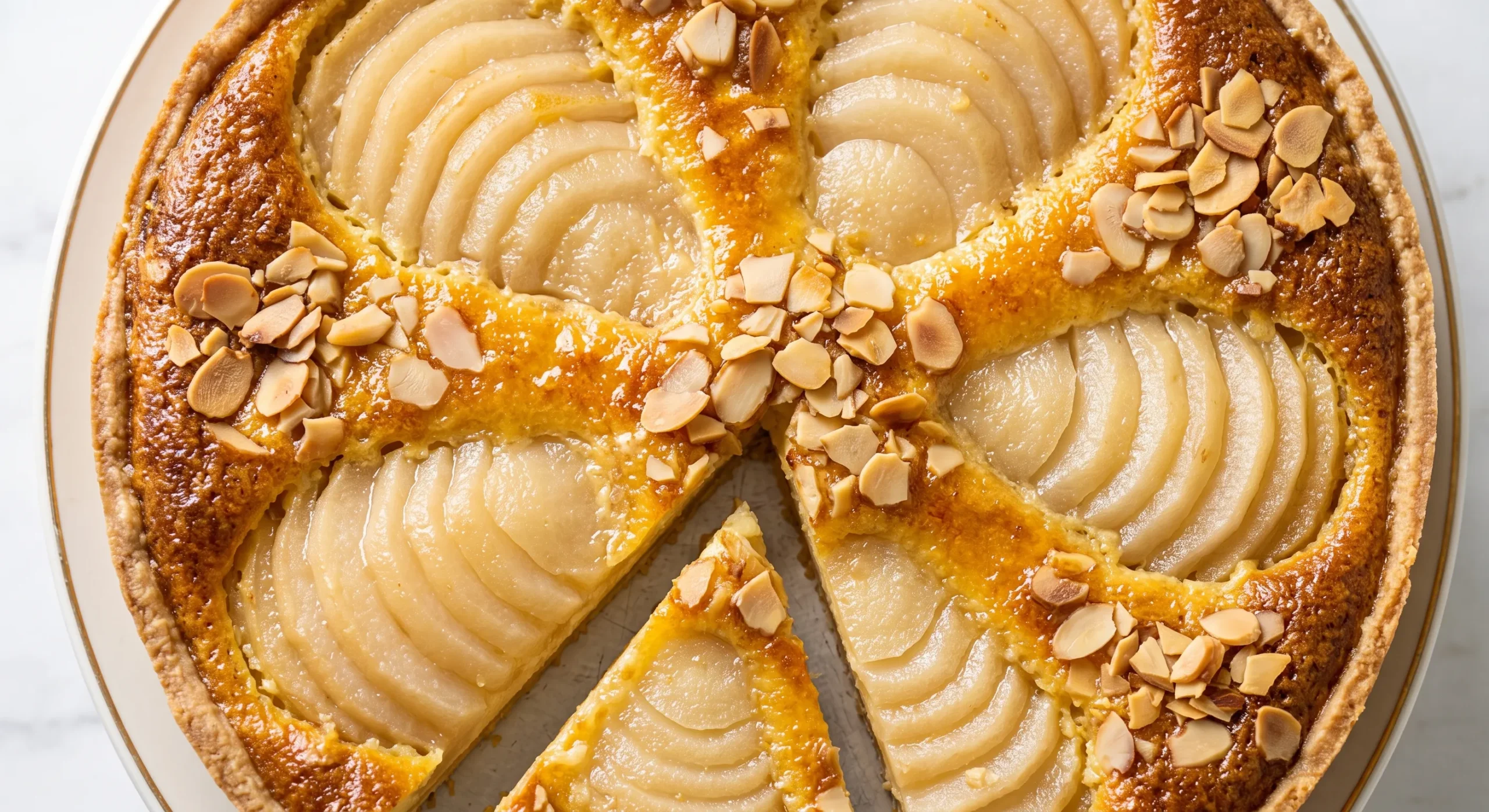 Nahaufnahme der gebackenen Birnenfächer mit zartem Vanille-Sahneguss und knusprig gerösteten Mandelsplittern.