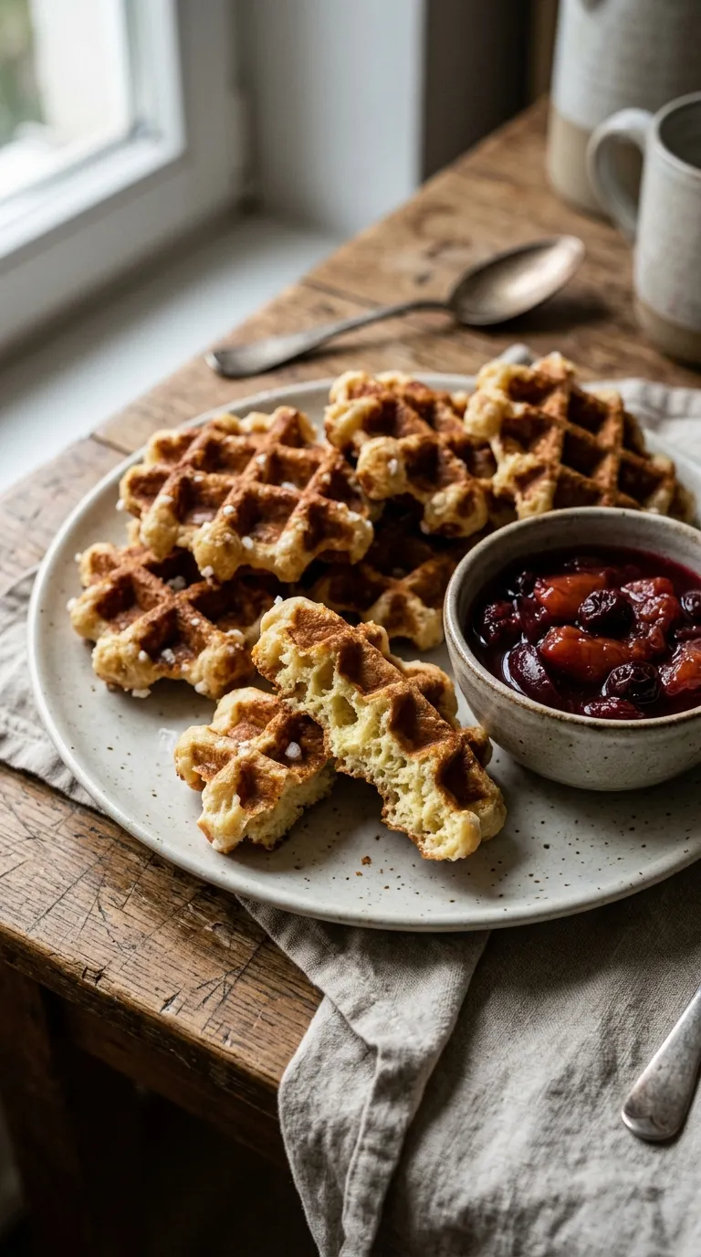 Aufgebrochene Germ-Waffel mit weichem Inneren und Pflaumenkompott