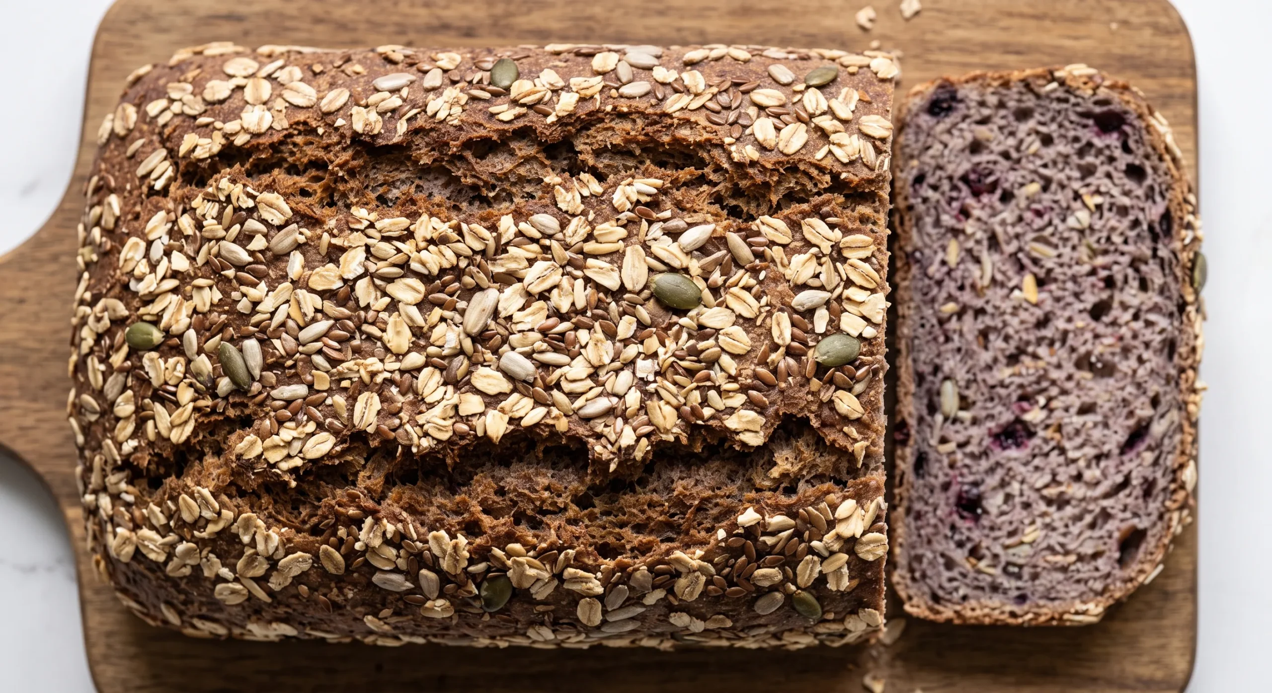 Nahaufnahme der saftigen Aronia-Dinkel-Krume mit violetter Färbung, Sonnenblumenkernen und gerösteter Haferflockenkruste.