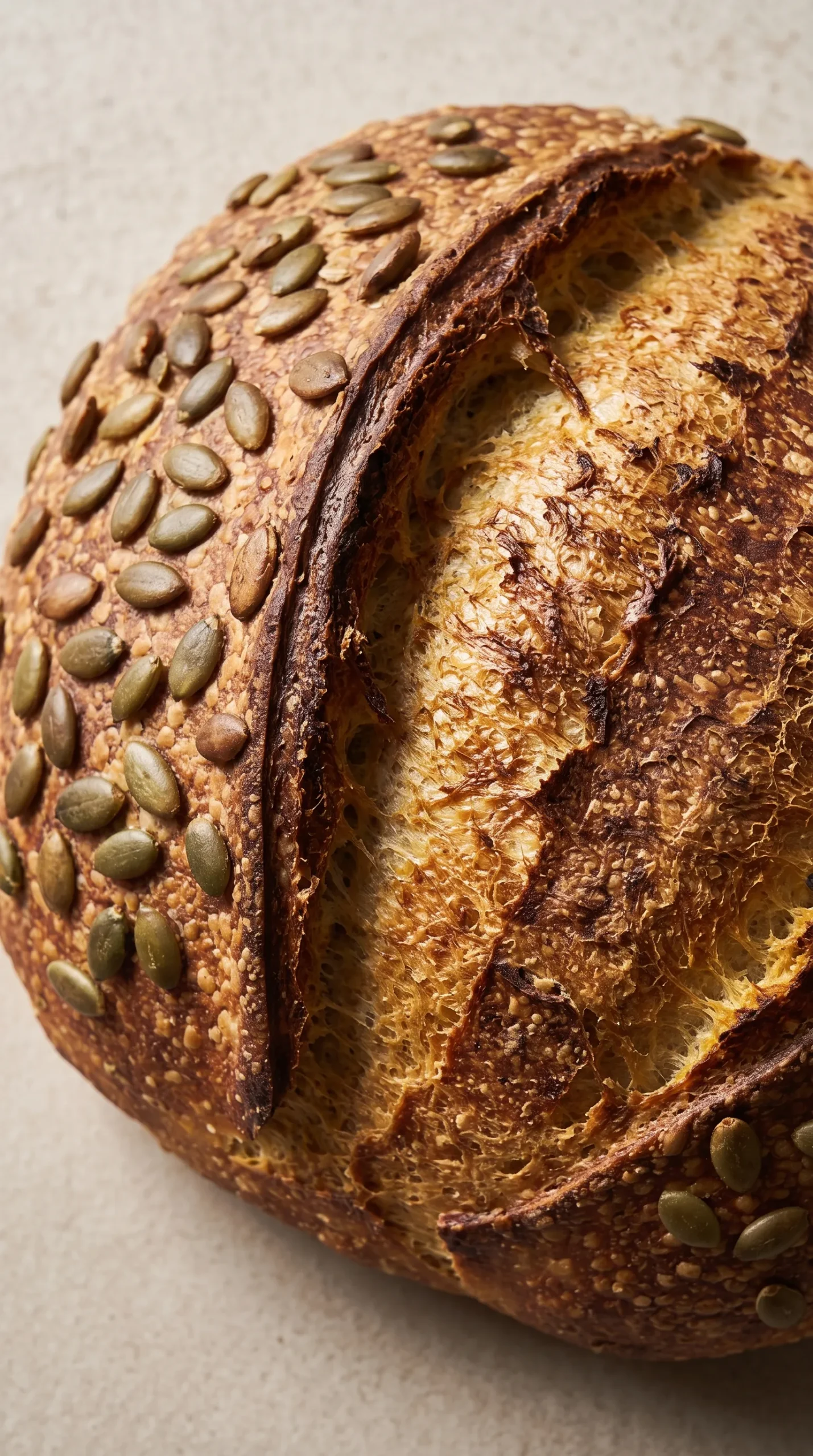 Detailaufnahme der knusprigen Topfkruste mit tiefem Einschnitt und gerösteten Kürbiskernen auf dem Kürbisbrot.