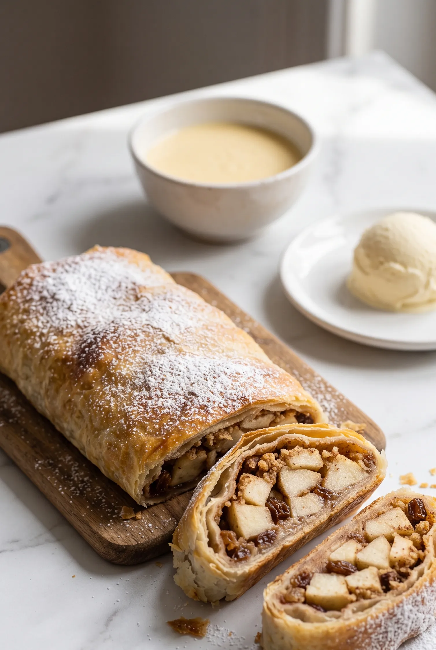 Eine warme Scheibe Wiener Apfelstrudel serviert mit Vanillesauce und einer Kugel Eis.
