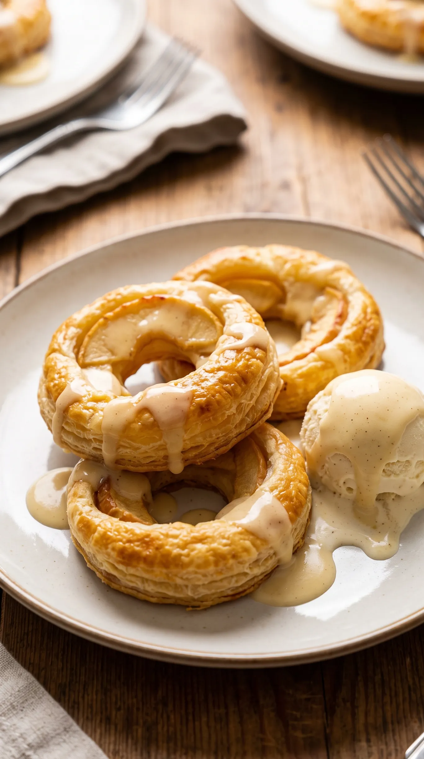 Halbierter Blätterteig-Apfelring serviert neben einer Kugel Vanilleeis und Cappuccino.