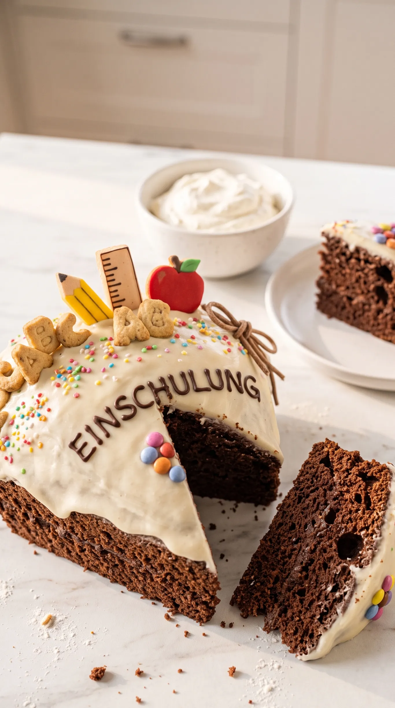 Saftiger Einschulungskuchen serviert mit frisch geschlagener Schlagsahne — angeschnittenes Kuchenstück auf Marmor.