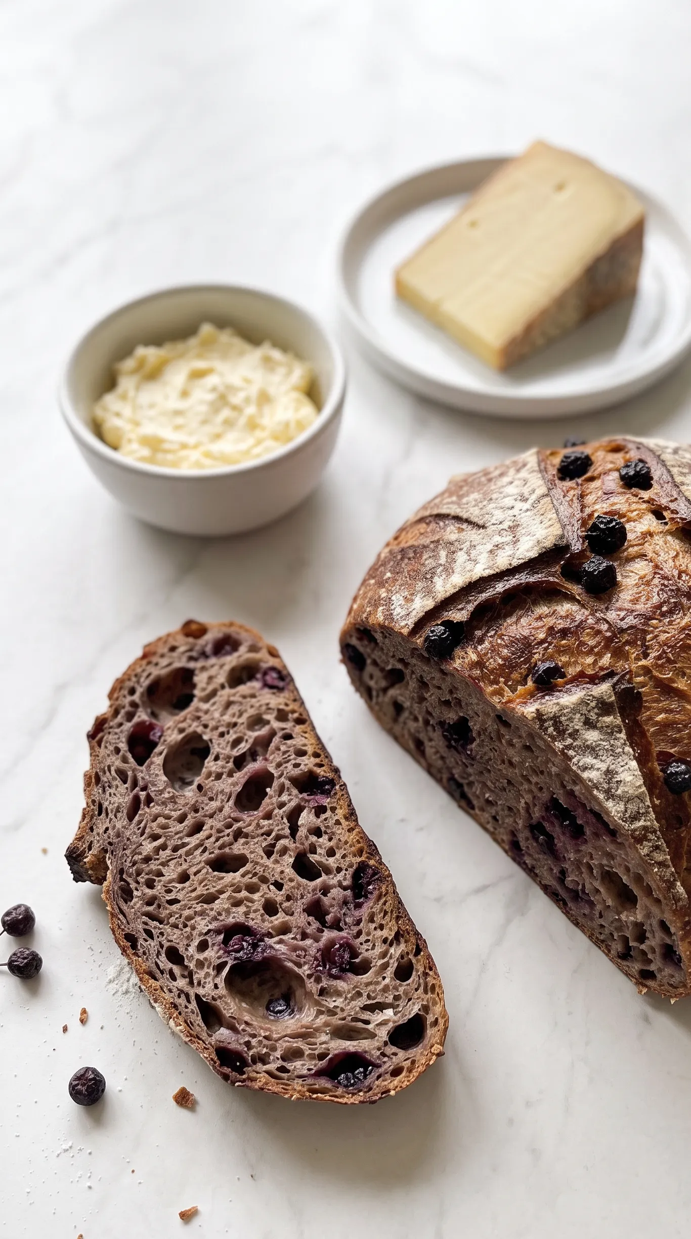Aronia-Sauerteigbrot serviert mit frischer Fassbutter — aufgeschnittener Laib auf Marmor