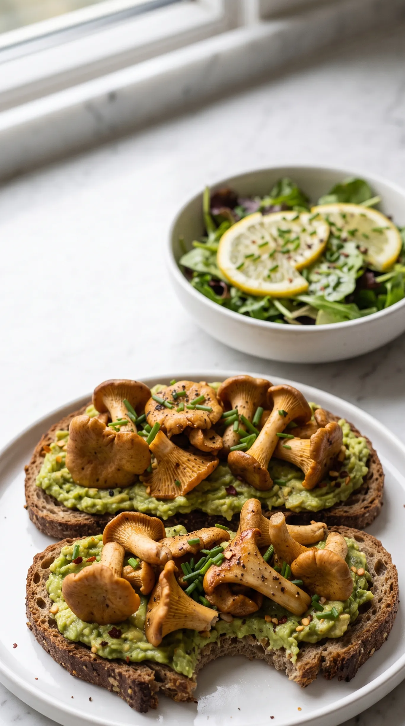 Pfifferling-Brot auf Servierbrett neben frischem Beilagensalat und kühlem Kräutertee.