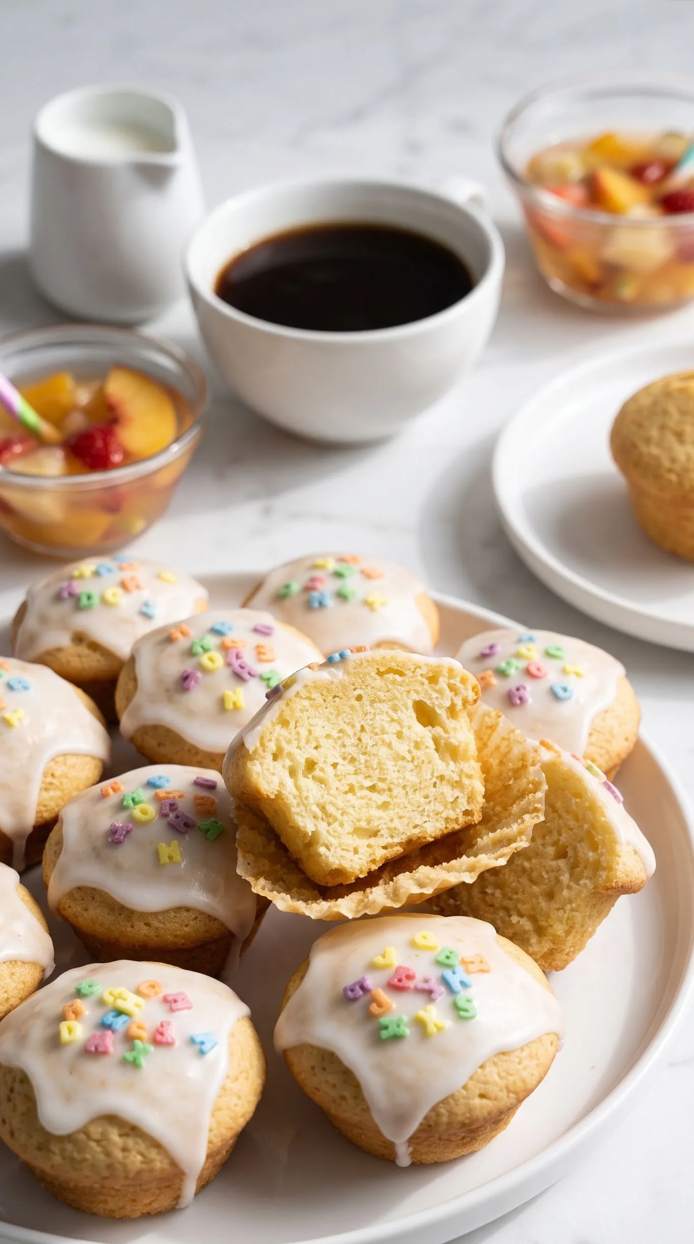 Saftige Einschulungs-Muffins serviert mit kalter Milch — fröhlich dekorierte Muffins auf Platine