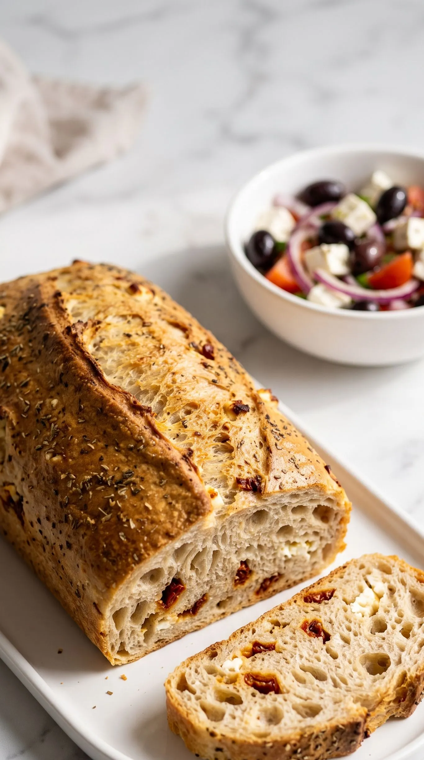 Feta-Tomaten-Brot serviert mit griechischem Salat auf weißem Marmor