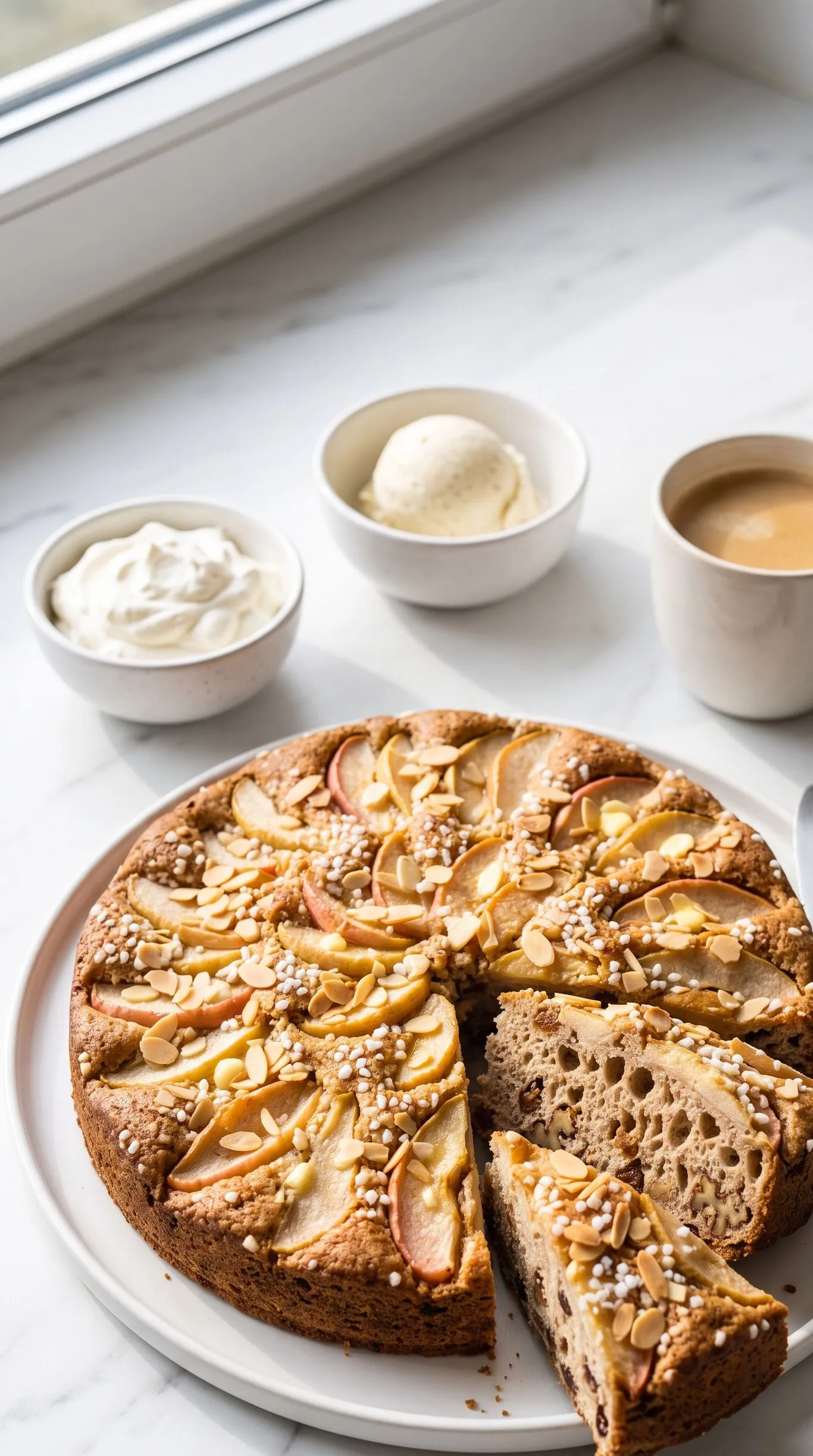 Apfel-Birnen-Sauerteigkuchen Stück serviert mit frisch geschlagener Schlagsahne und Milchkaffee.