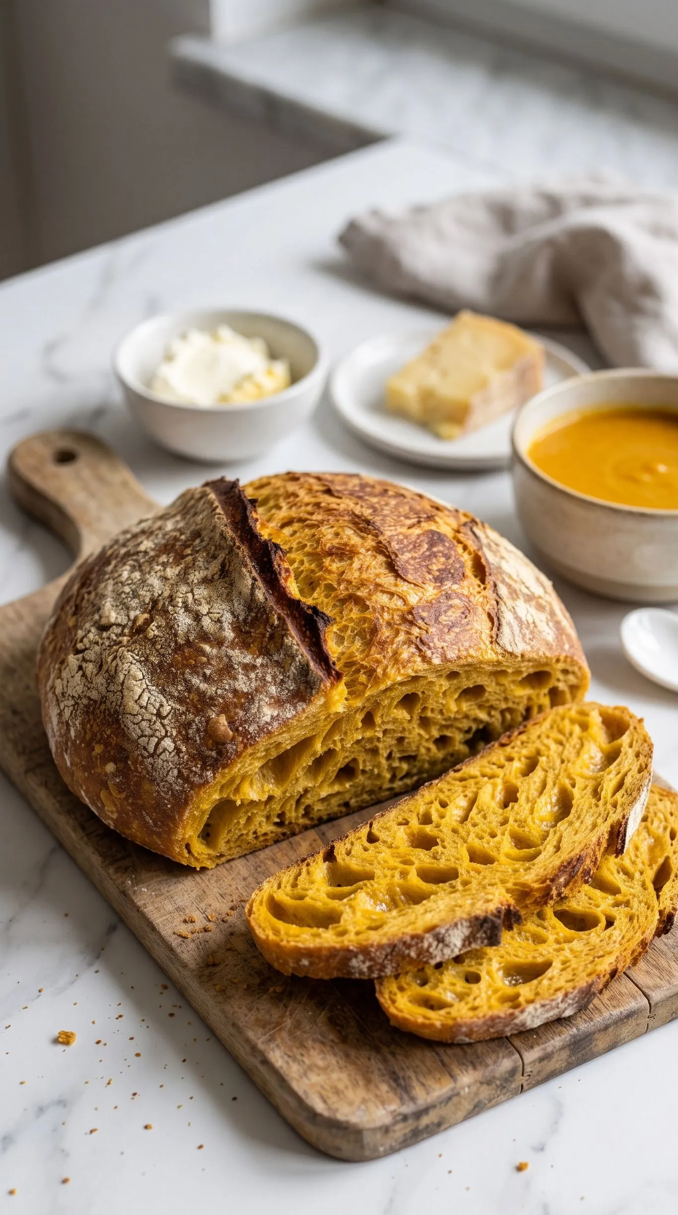Kürbis-Sauerteigbrot Scheibe serviert mit gesalzener Fassbutter und Frischkäse.