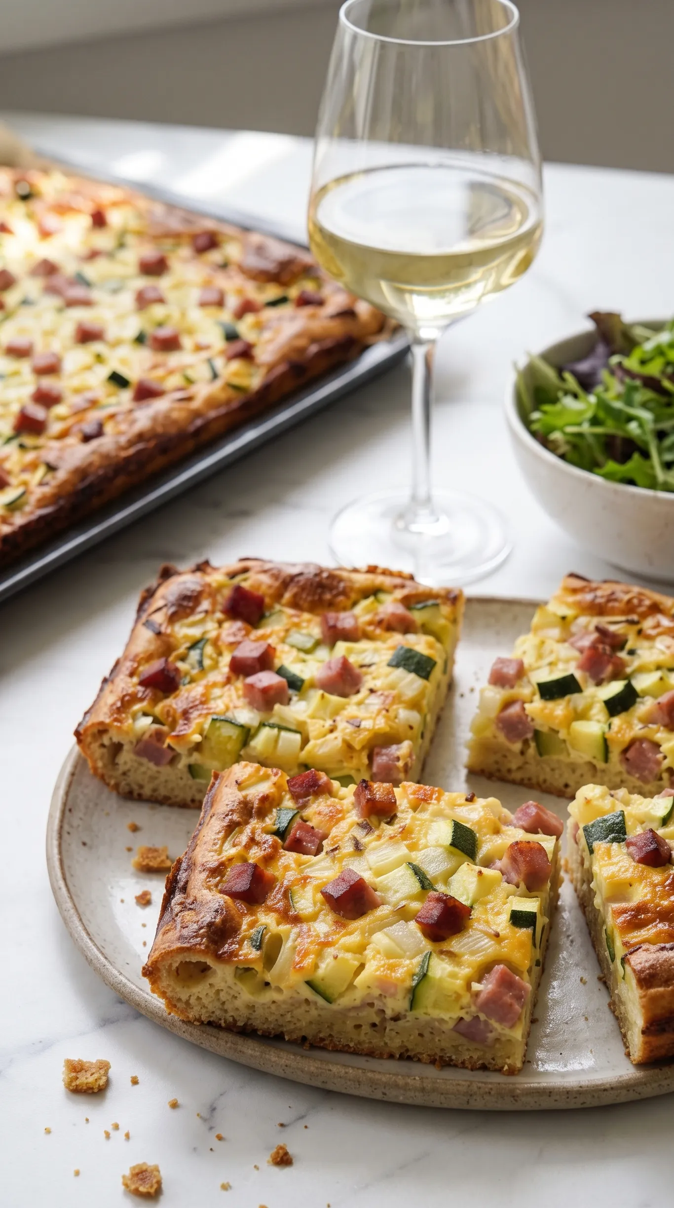 Ein Stück Zucchini-Zwiebelkuchen serviert mit einem kühlen Glas Federweißer und frischem Blattsalat.