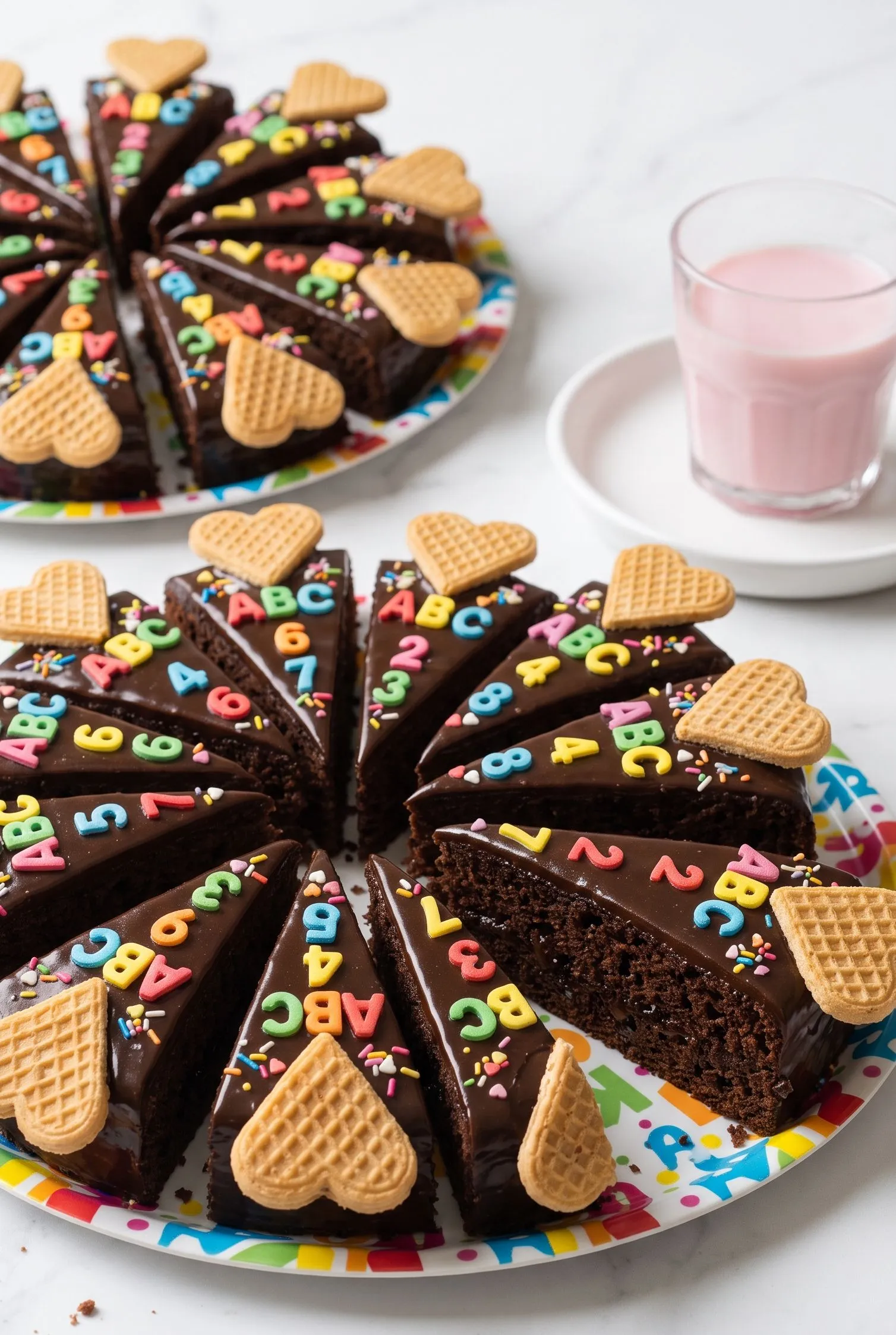 Schultüten-Kuchenstück serviert auf Teller neben einem Glas Erdbeermilch und einer Tasse Kaffee.
