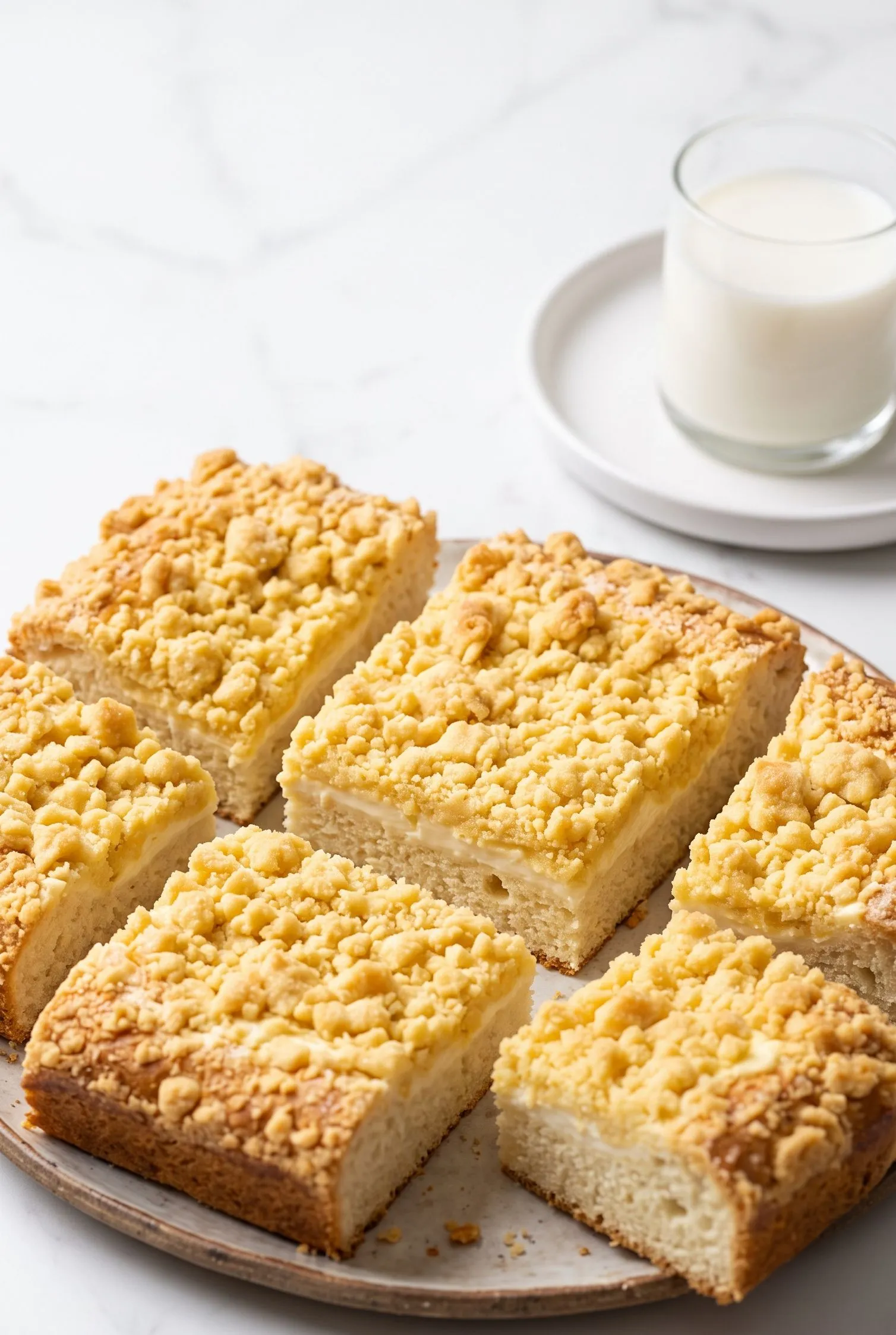 Ein Stück Streuselkuchen mit Schmand serviert neben einer Tasse Filterkaffee.