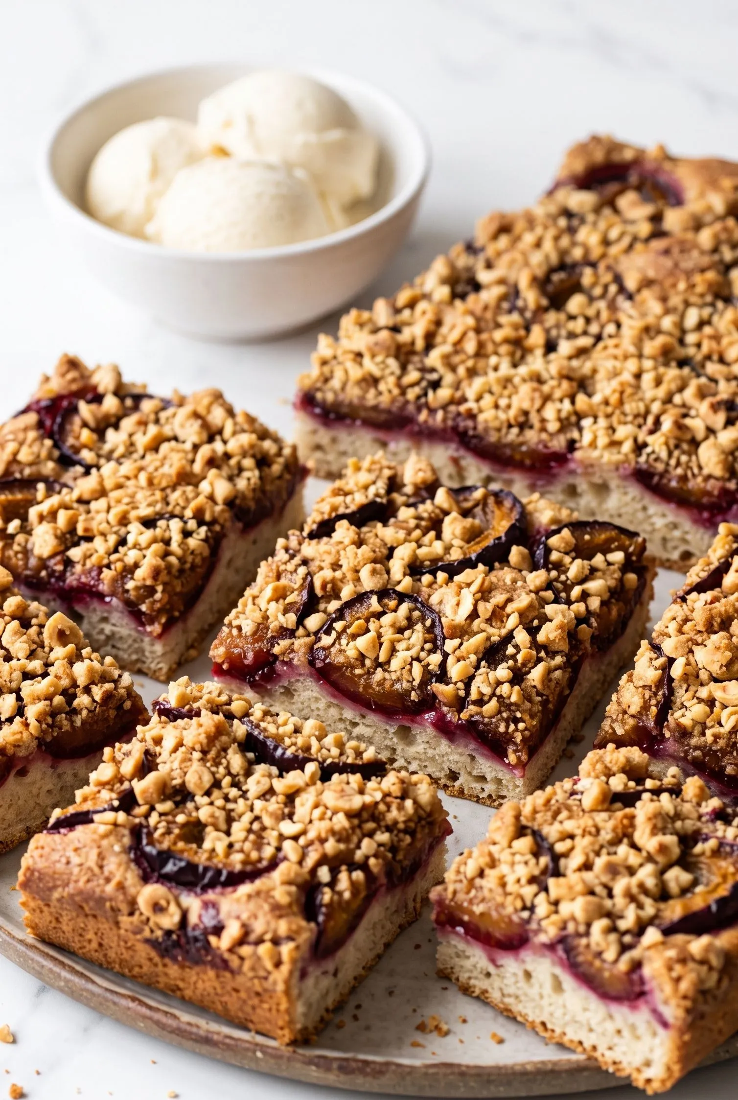 Ein Stück Zwetschgen-Sauerteigkuchen serviert mit Vanilleeis und frischem Filterkaffee.