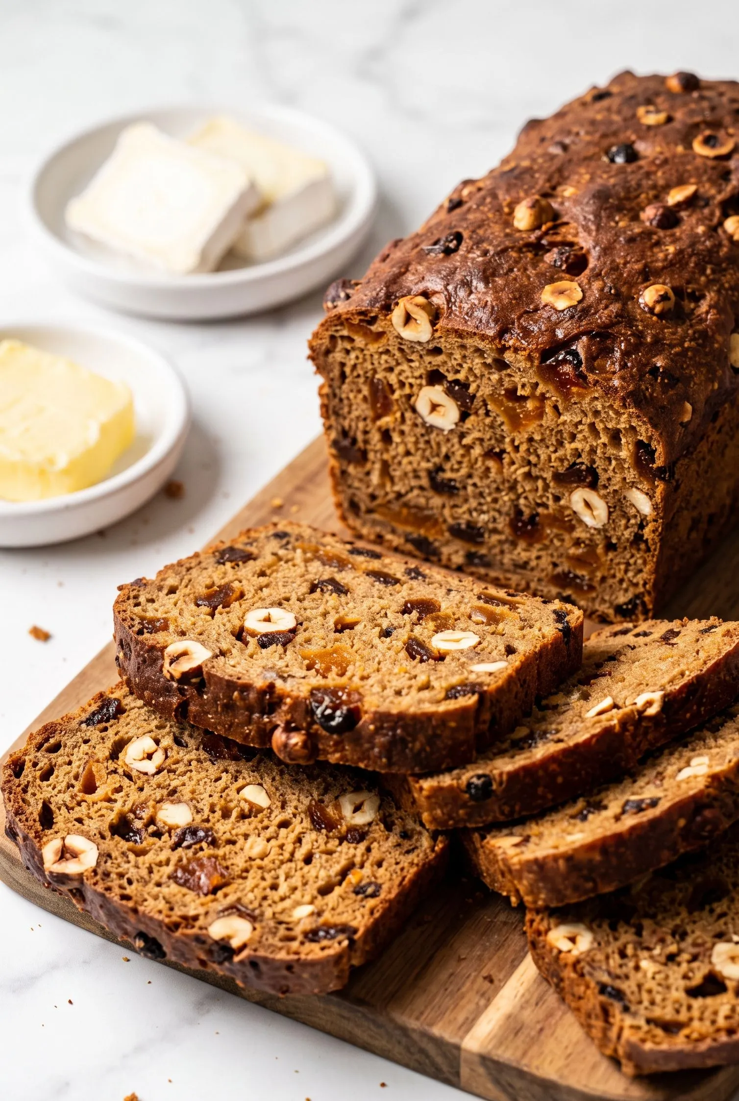 Eine Scheibe saftiges Früchtebrot serviert mit gesalzener Butter und reifem Ziegenkäse.