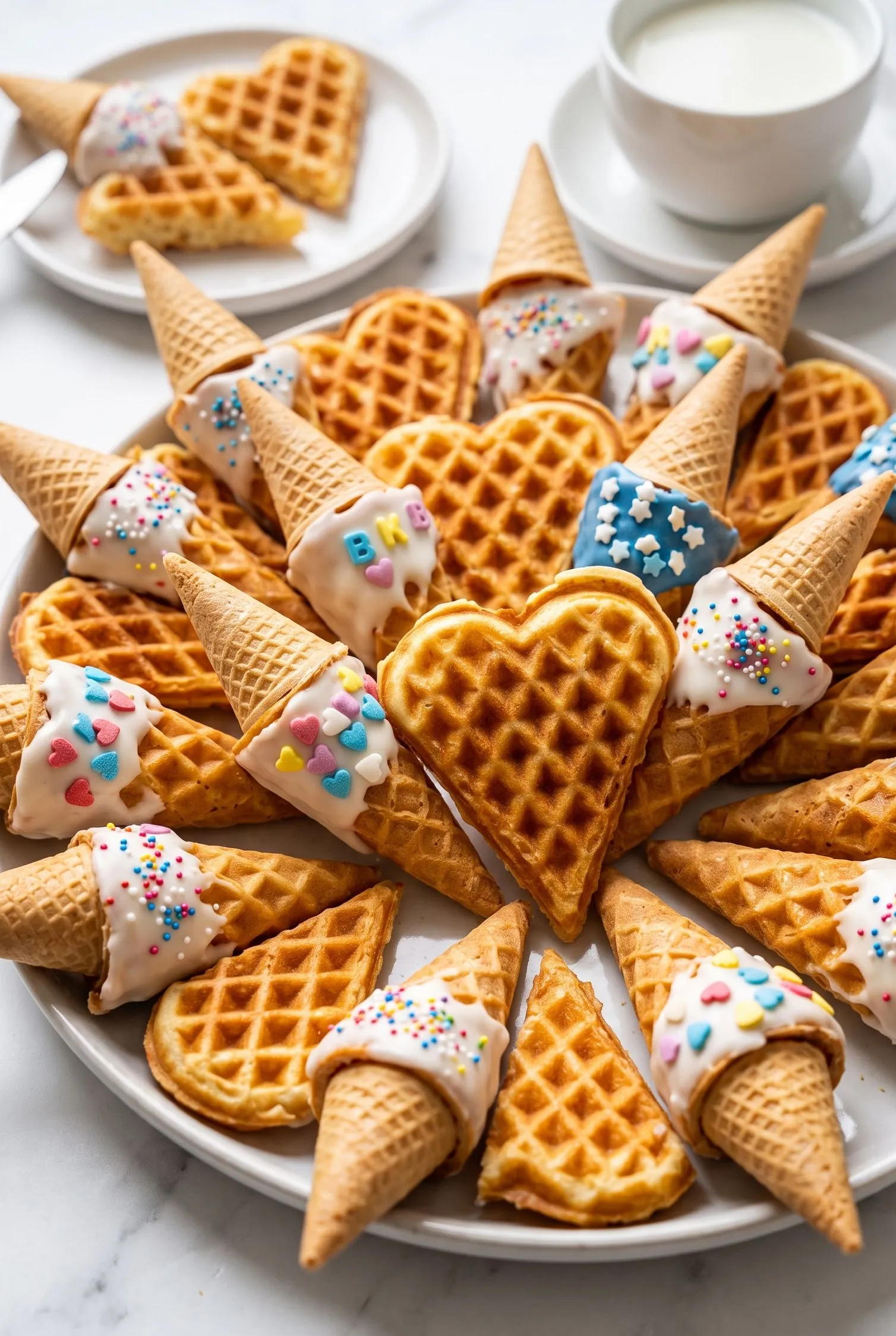 Knusprige Waffelschultüten serviert mit kühler Milch und frischem Kaffee auf Marmor