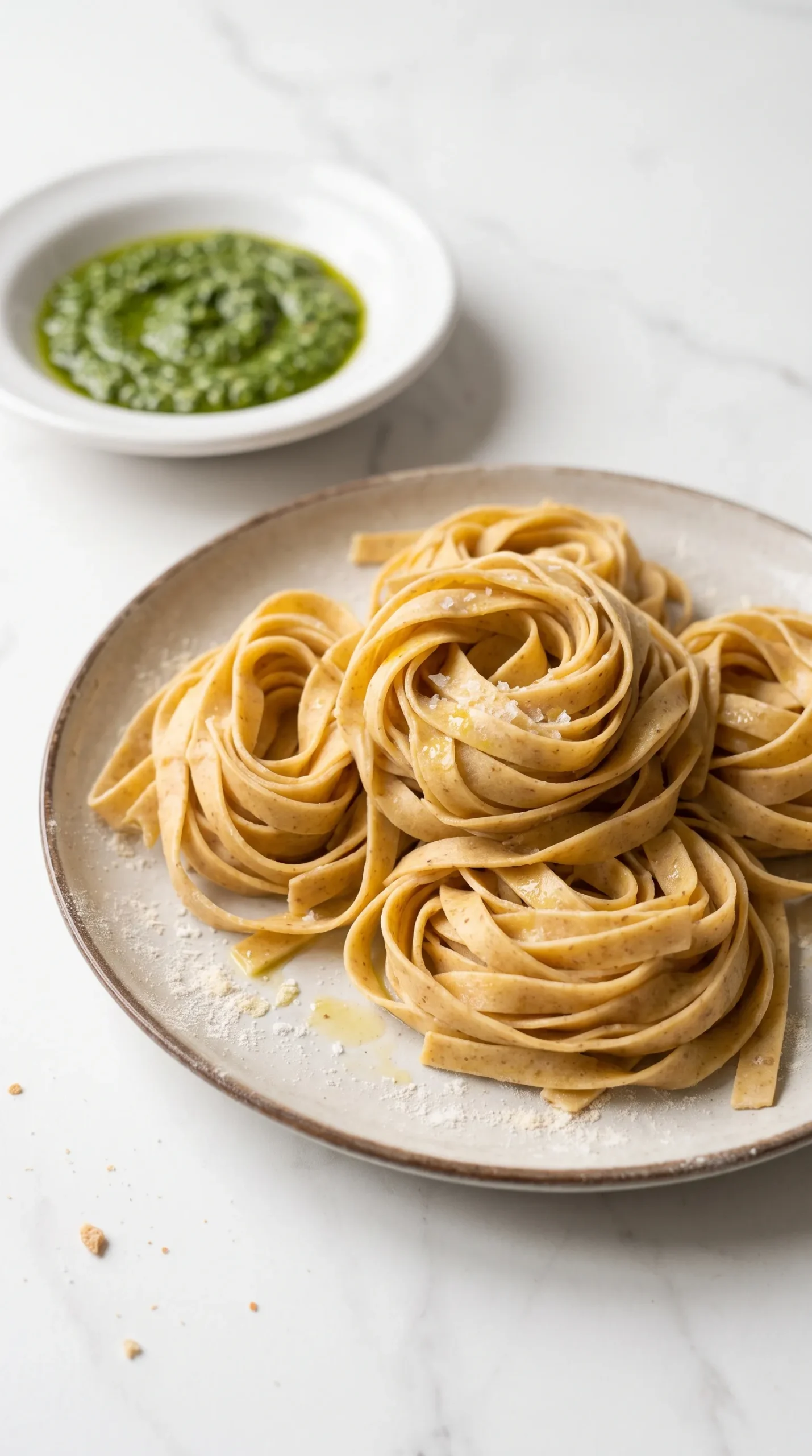Sauerteig-Tagliatelle serviert mit frischem Pesto Verde, Parmesan und Salbeibutter.