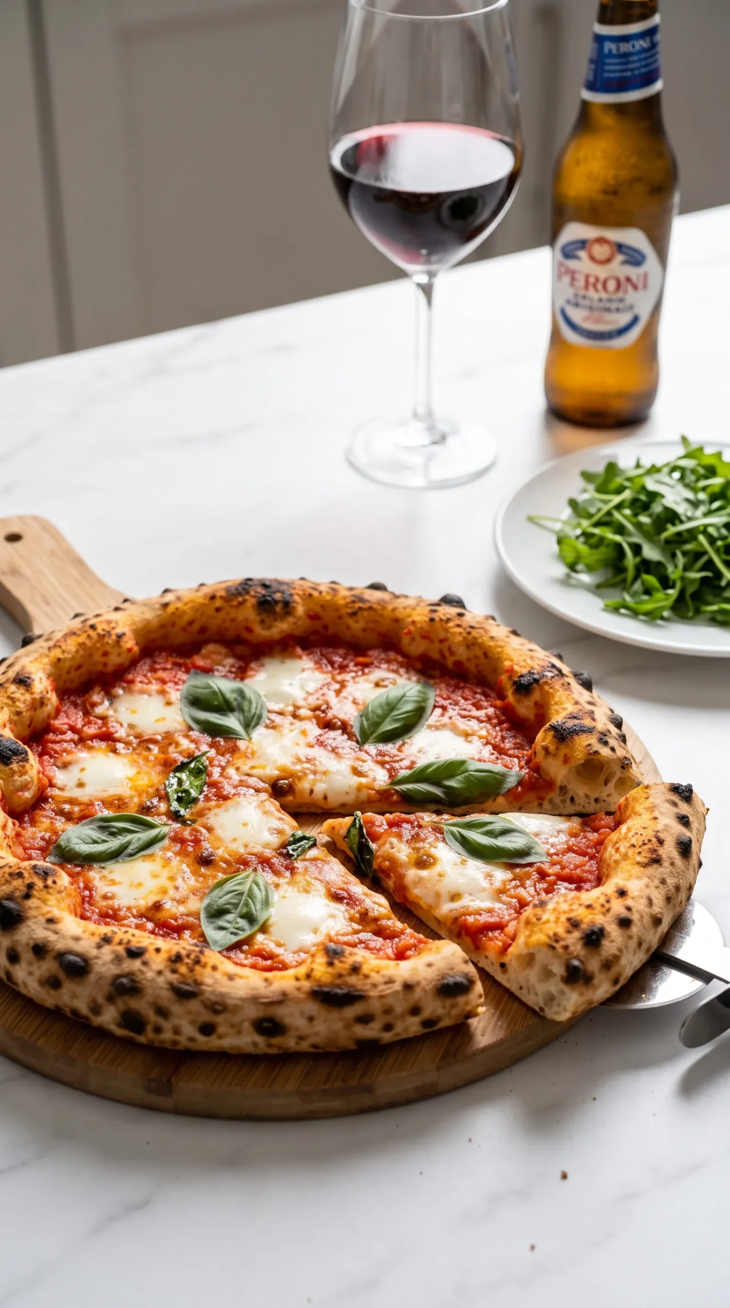 Ein Stück Sauerteig-Pizza Margherita serviert mit einem Glas Chianti und frischem Rucolasalat.