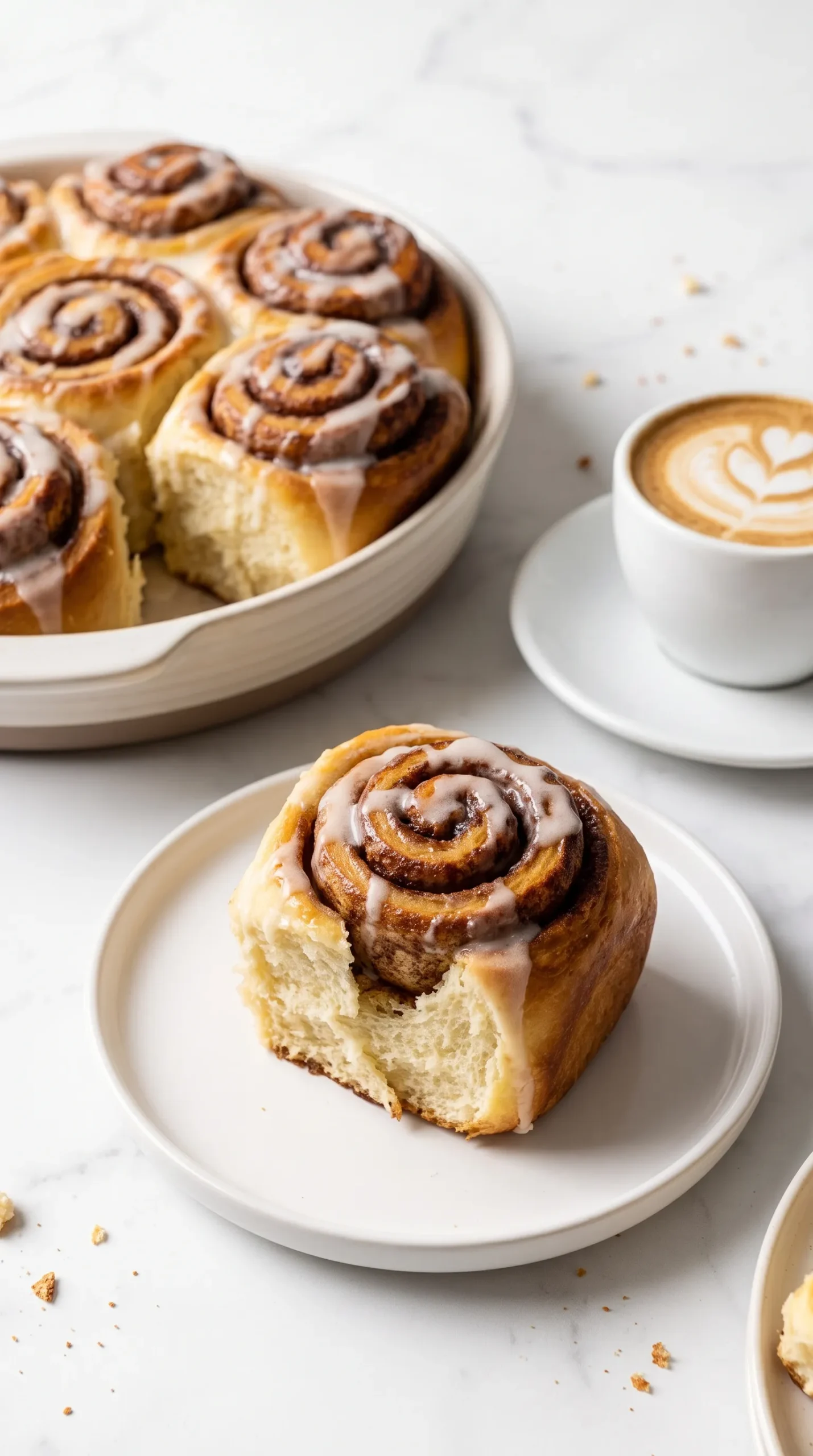 Eine fluffige Sauerteig-Zimtschnecke serviert auf einem Kuchenteller neben einer Tasse heißem Cappuccino.