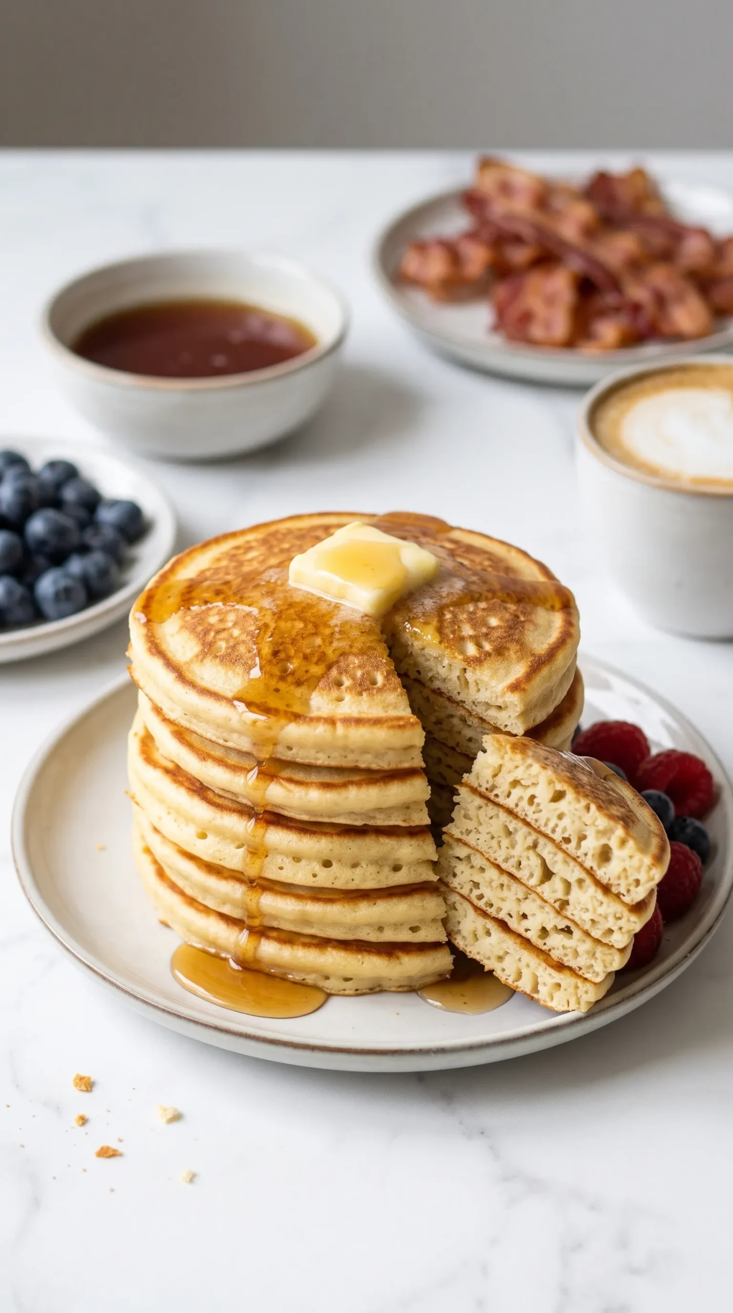 Pancake-Stapel serviert auf Teller mit einer heißen Tasse Cappuccino und frischen Beeren.