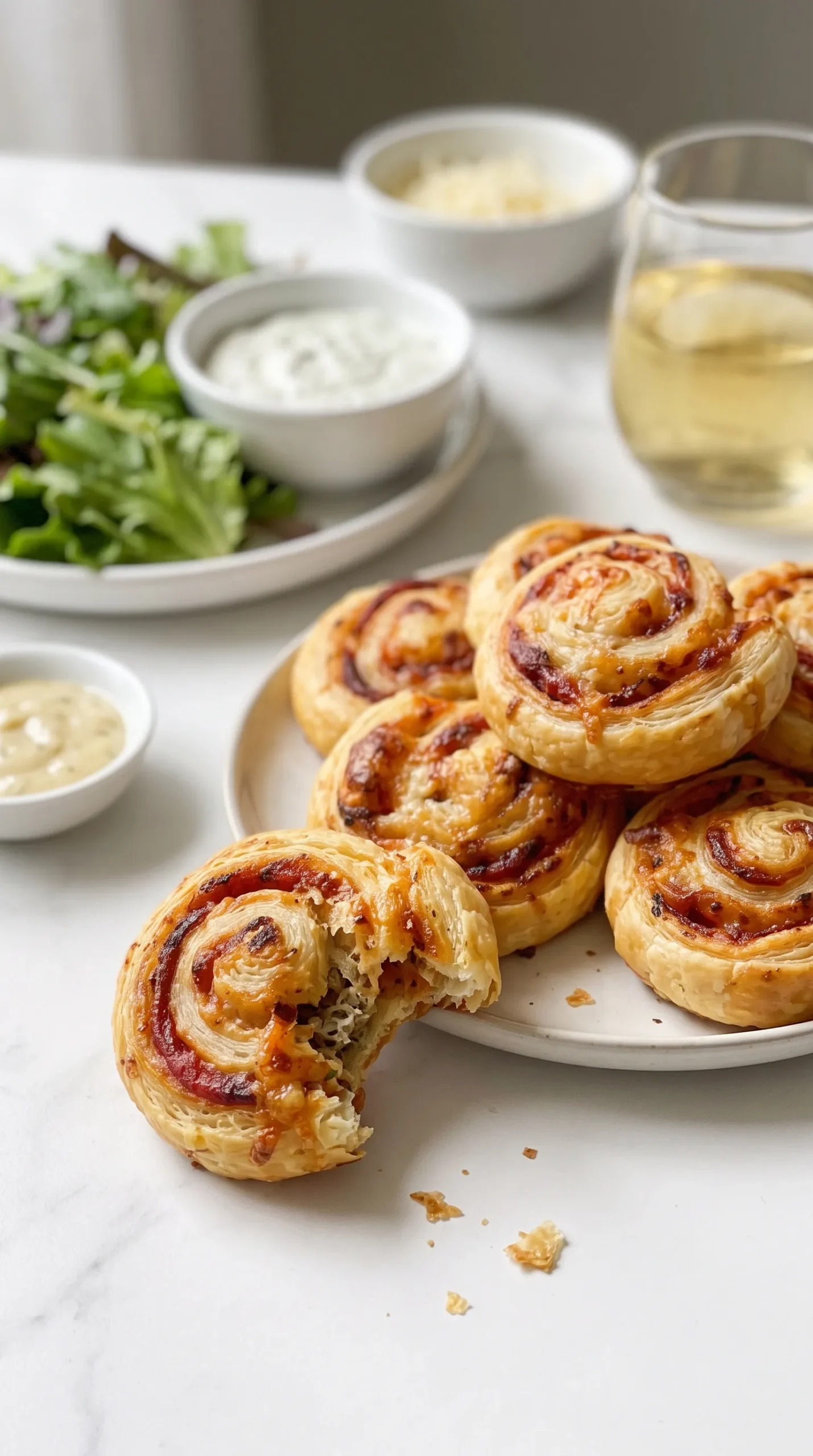 Herzhafte Blätterteigschnecken serviert auf Teller neben einem Schälchen Kräuterdip und Salat.