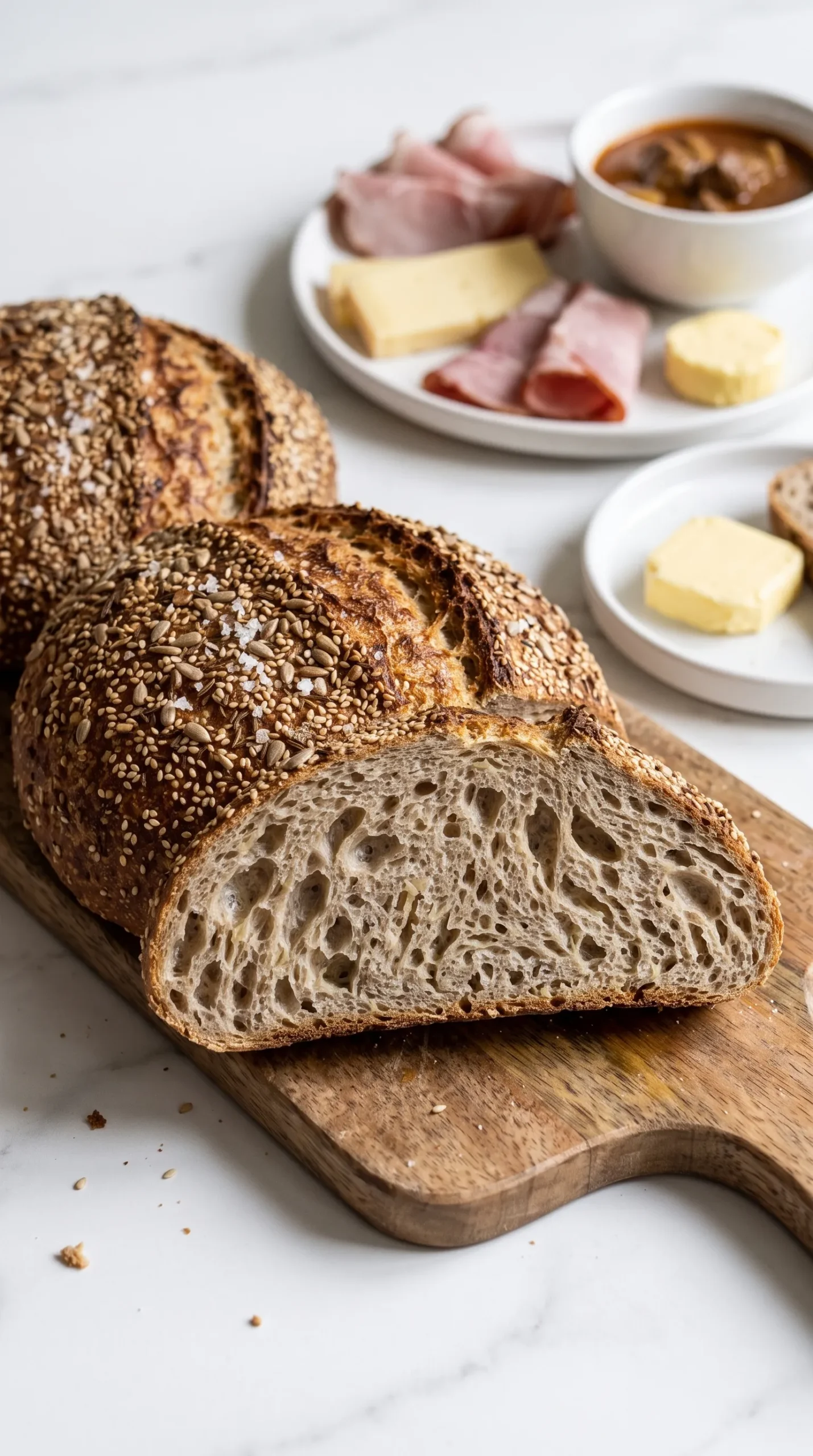 Eine Scheibe Sauerkrautbrot serviert mit deftigem Schinken, Bergkäse und frischer Fassbutter.