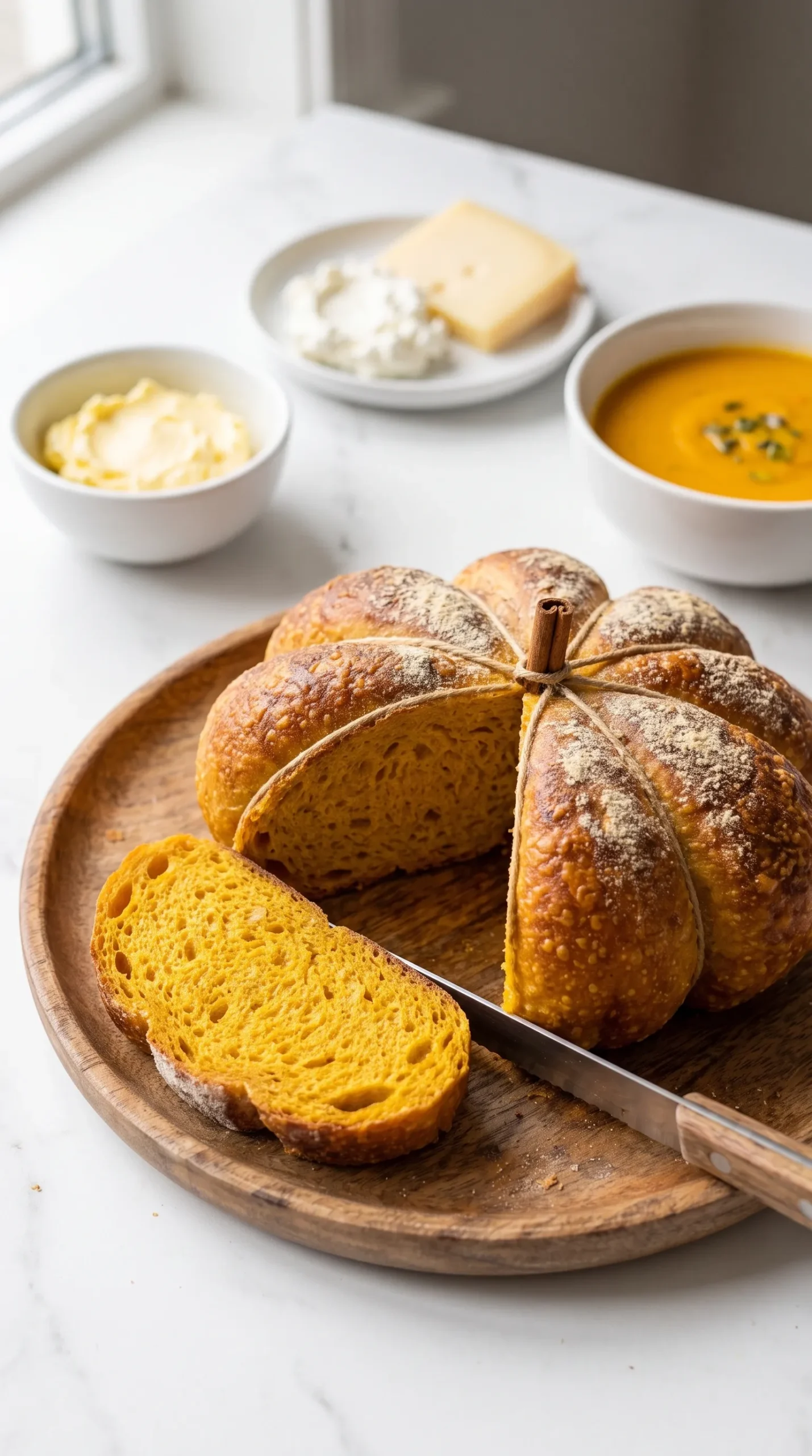Eine Scheibe Kürbisbrot serviert mit gesalzener Fassbutter und cremigem Frischkäse.