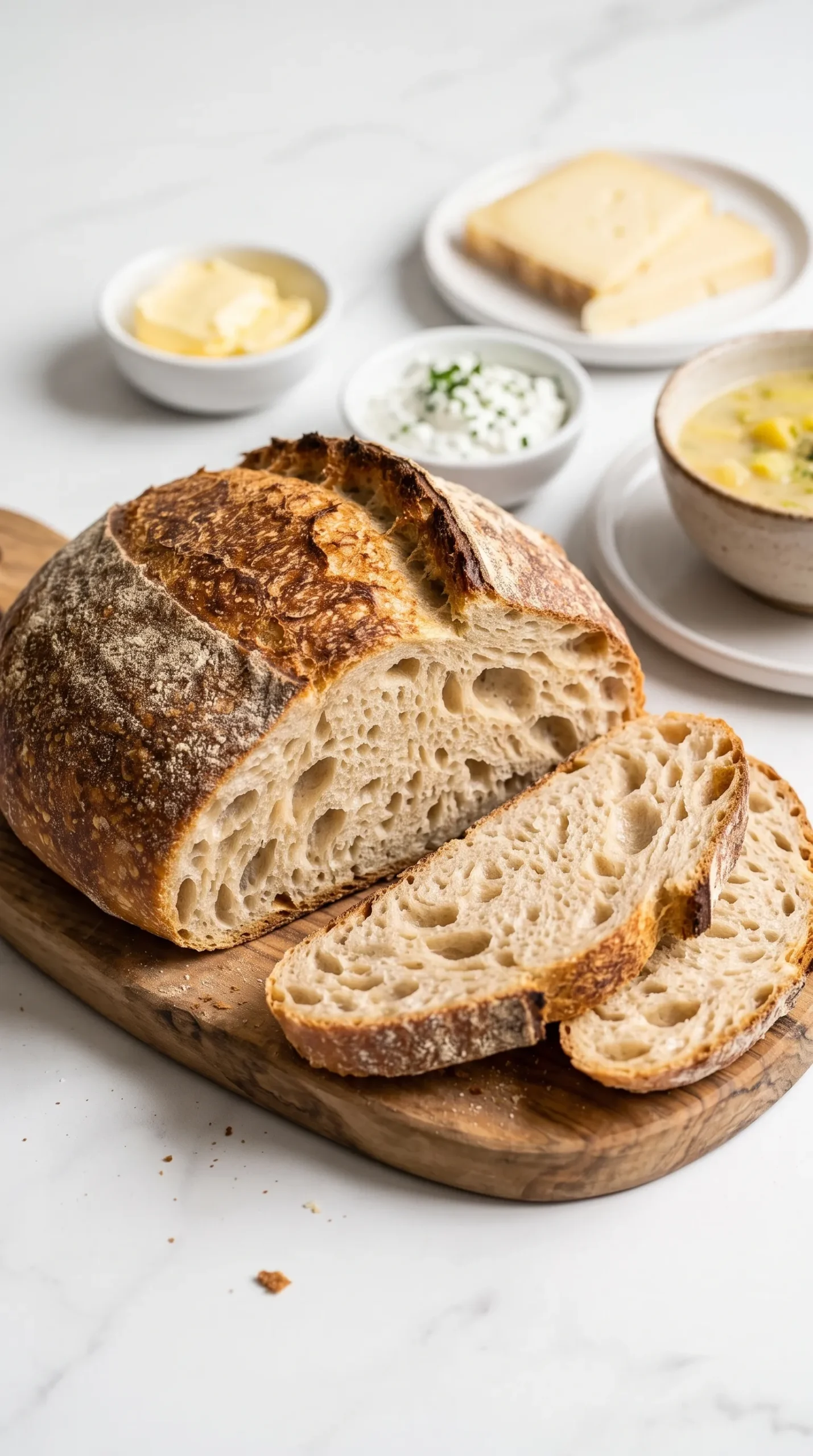 Eine Scheibe Kartoffelbrot mit Sauerteig serviert mit gesalzener Butter und frischem Kräuterquark.