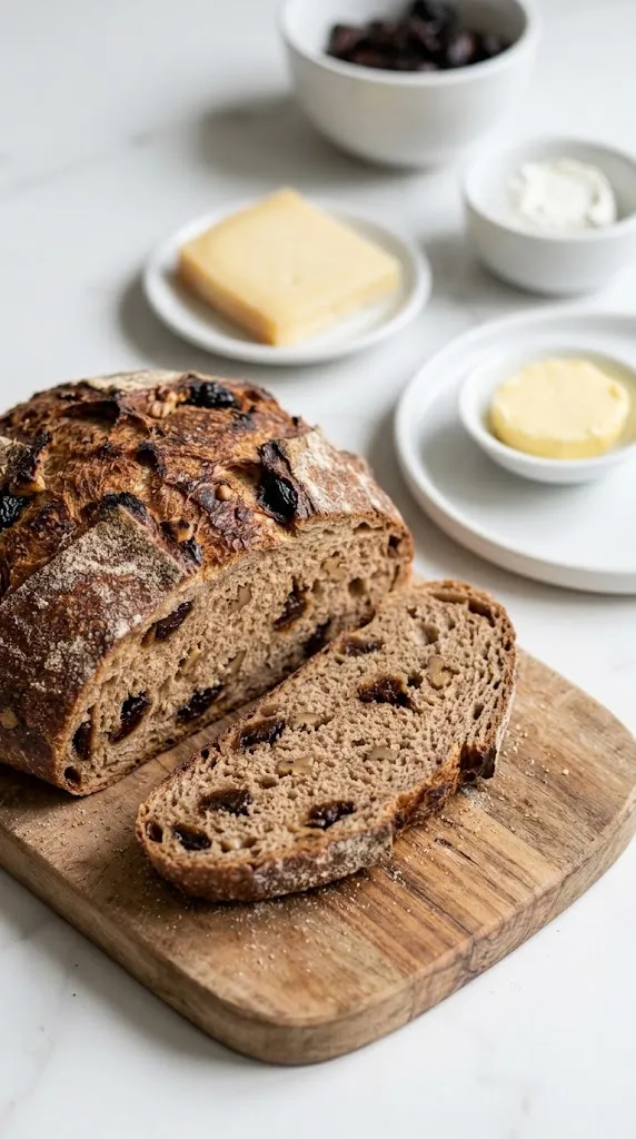 Eine Scheibe Walnuss-Pflaumenbrot serviert mit würzigem Bergkäse und gesalzener Fassbutter.