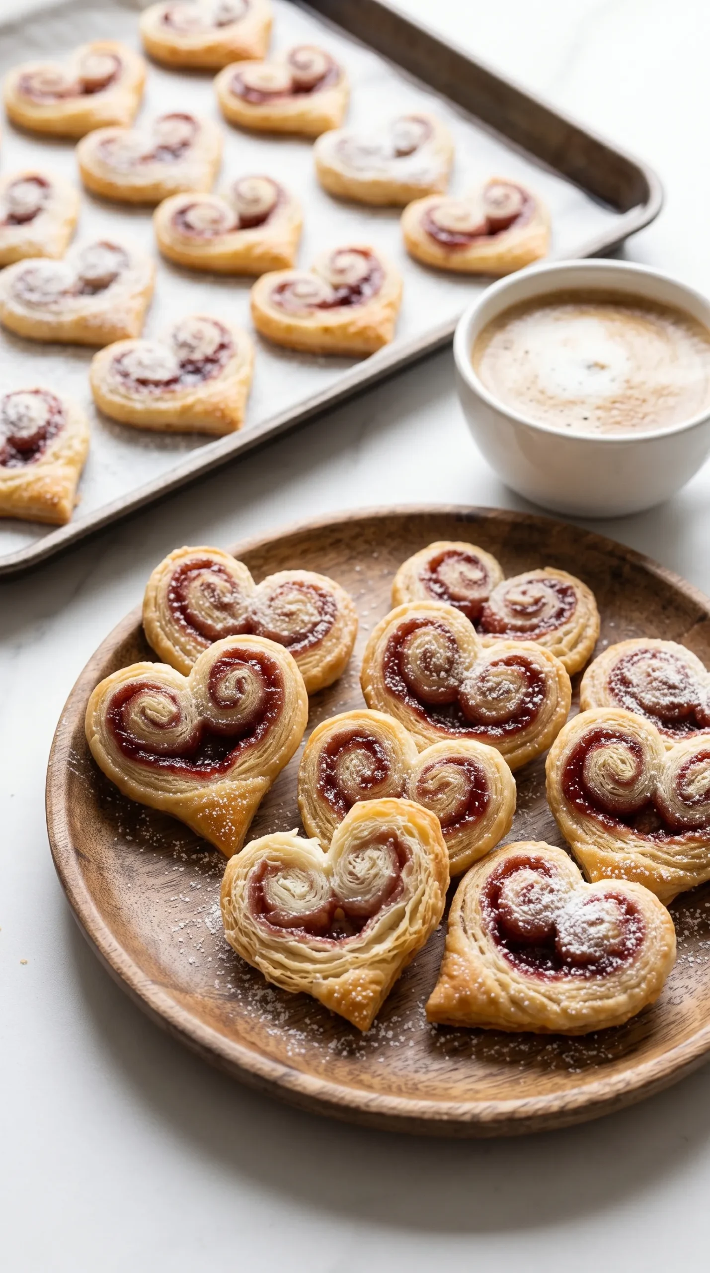 Erdbeer-Blätterteig-Herzen serviert auf Kuchenteller neben einer Tasse heißem Cappuccino.